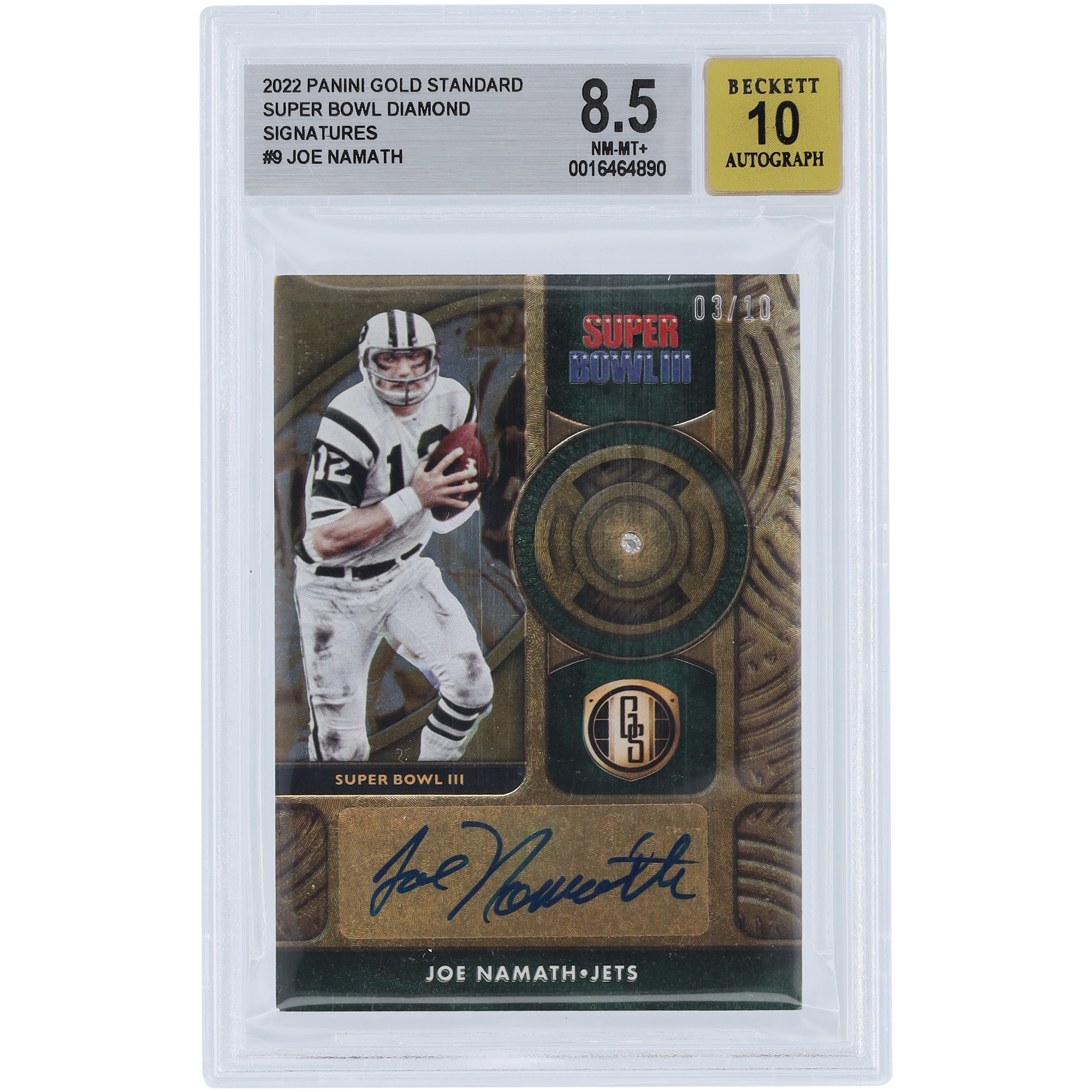 Joe Namath New York Jets signierte 2022 Panini Gold Standard Super Bowl Diamond Relic #SBD-JNA #3/10 BGS authentifizierte 8,5/10 Karte