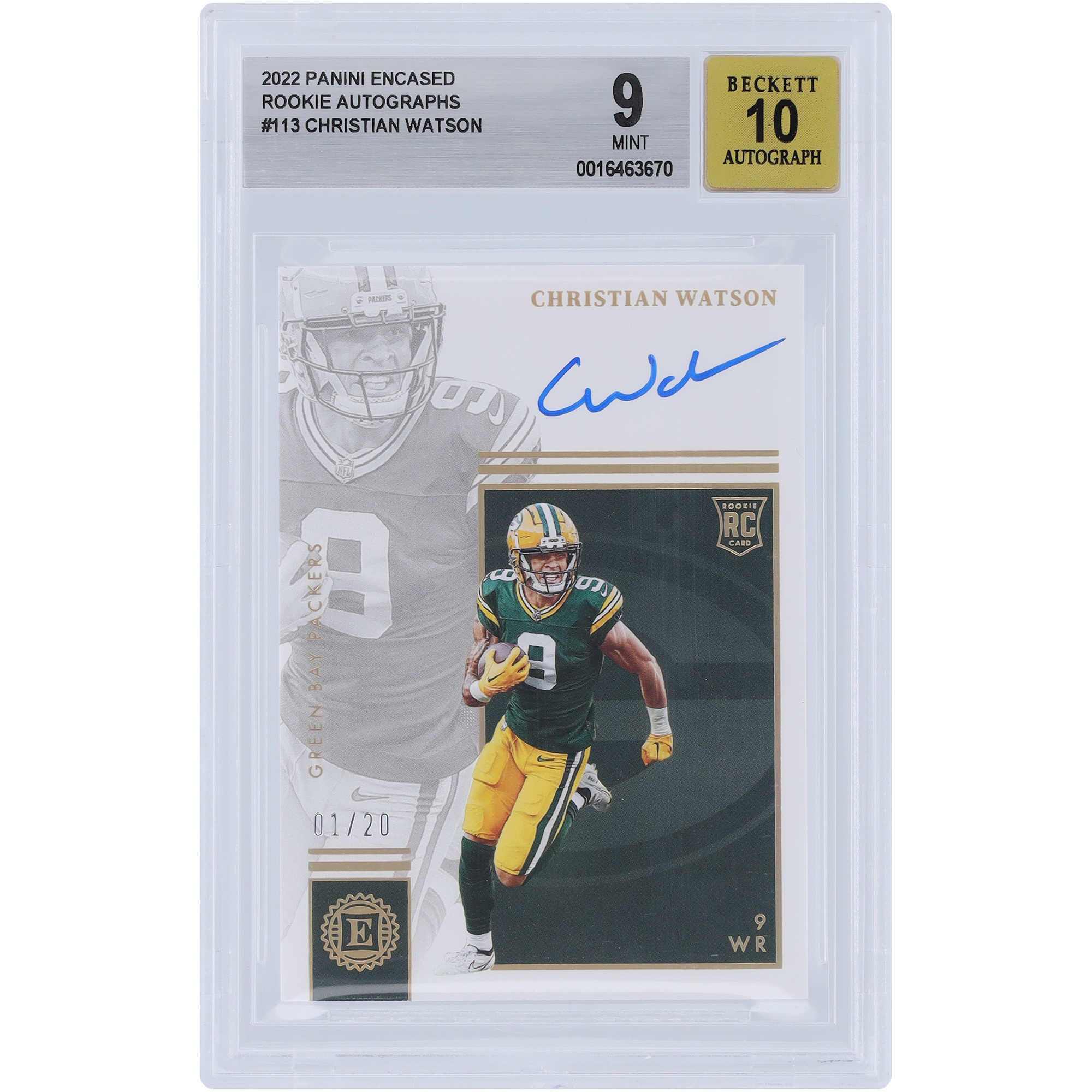 Christian Watson, Green Bay Packers, signierte 2022 Panini Encased #113 #1/20 BGS authentifizierte 9/10 Rookie-Karte