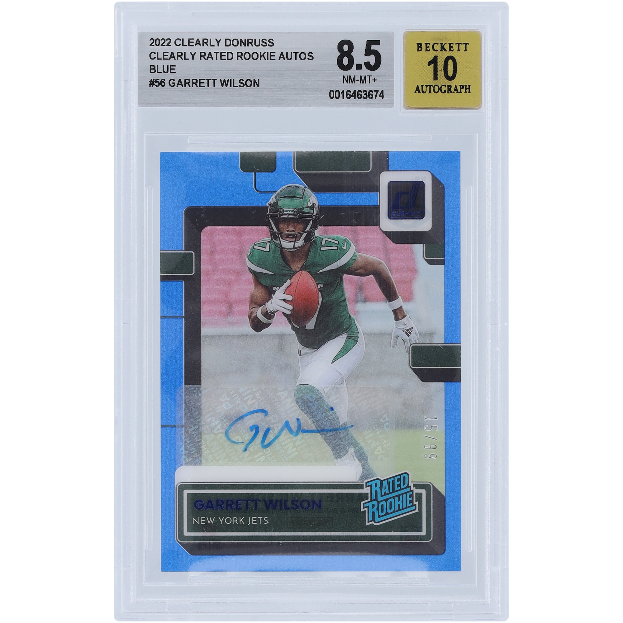 Garrett Wilson New York Jets signierte 2022 Panini klar Donruss blaue Variante #56 #15/99 BGS authentifiziert 8,5/10 Rookie-Karte