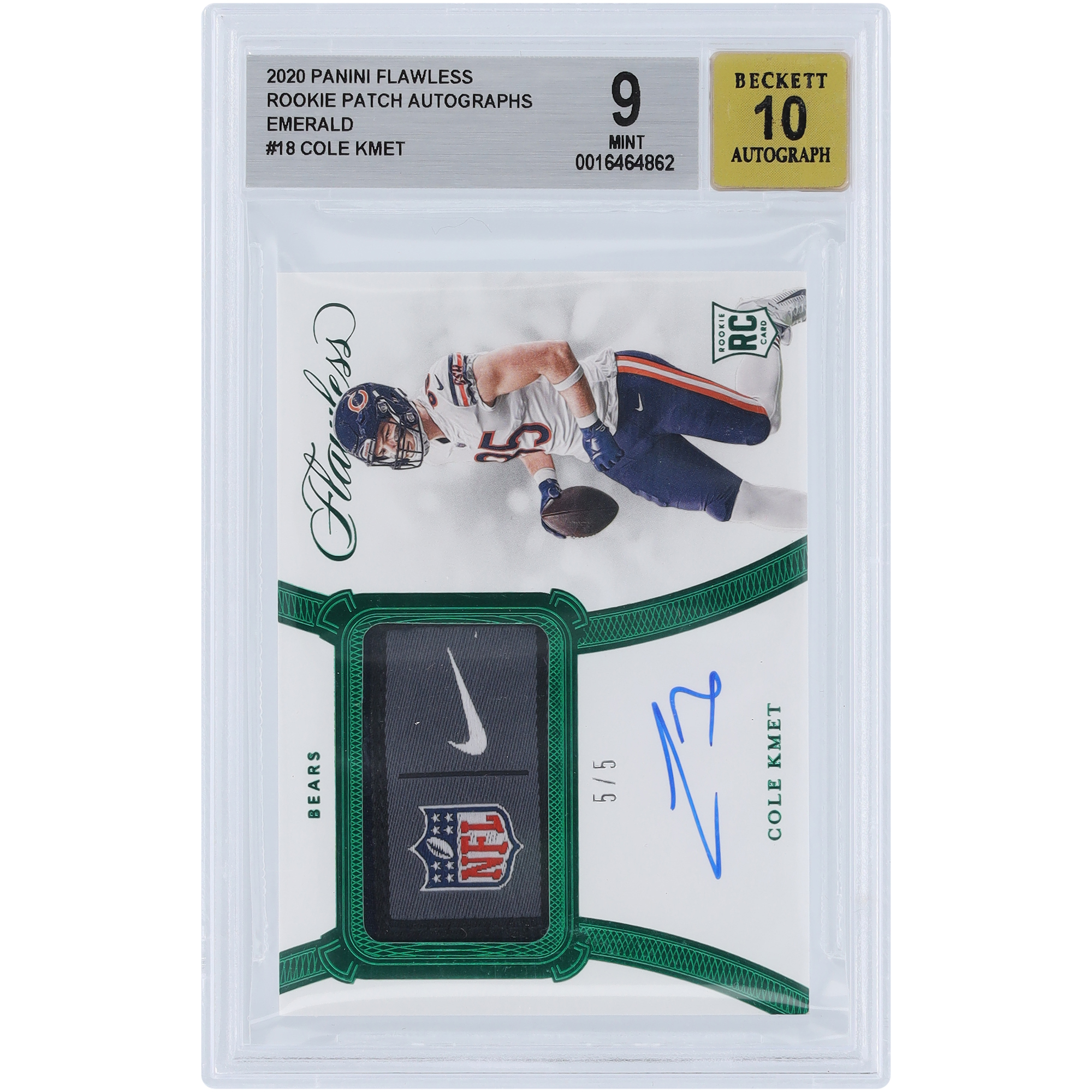 Cole Kmet Chicago Bears signierte 2020 Panini Flawless Laundry Tag Relic #RPA-CKM #5/5 BGS authentifizierte 9/10 Rookie-Karte