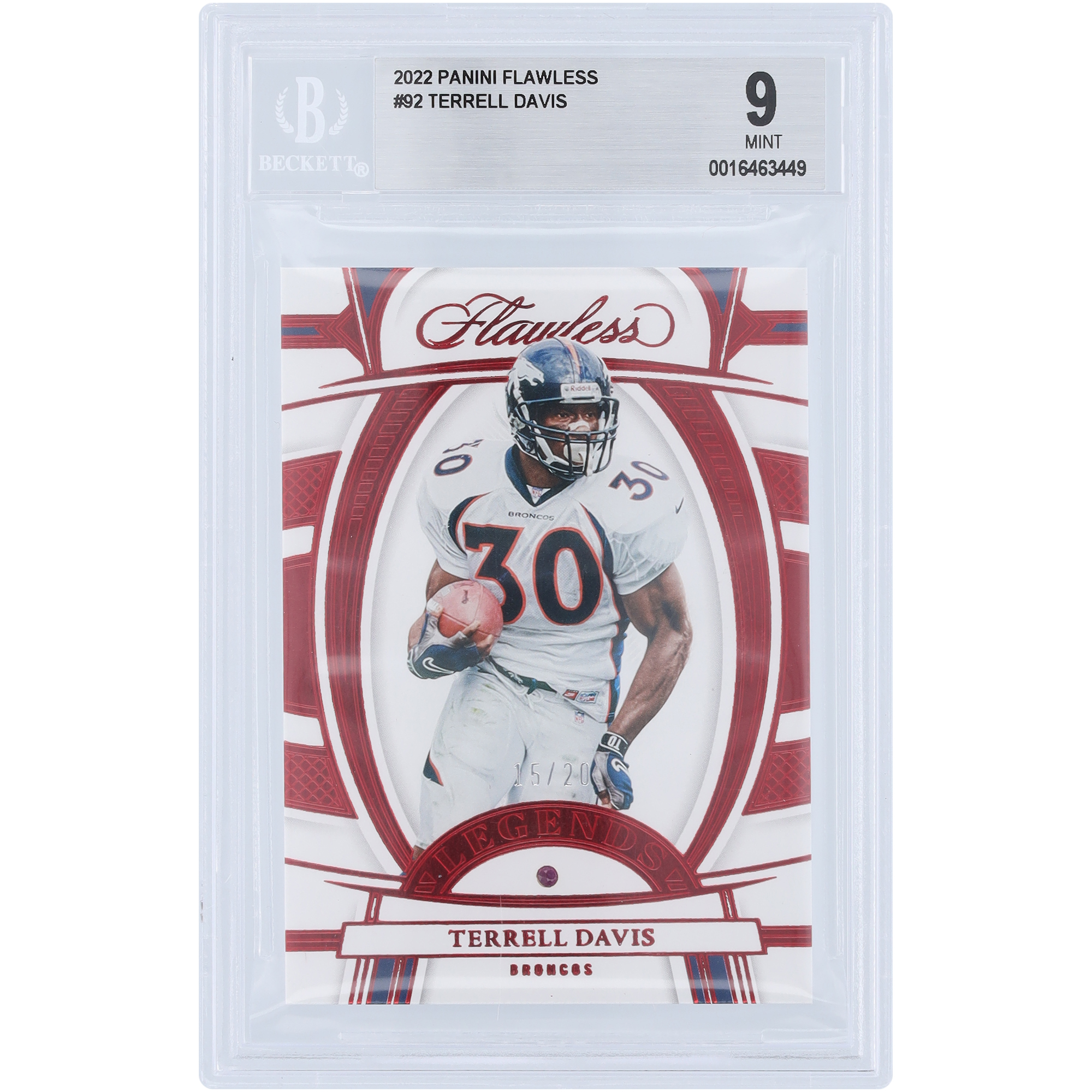 Terrell Davis Denver Broncos 2022 Panini Flawless Ruby Relic #92 #15/20 BGS authentifizierte 9-Karte