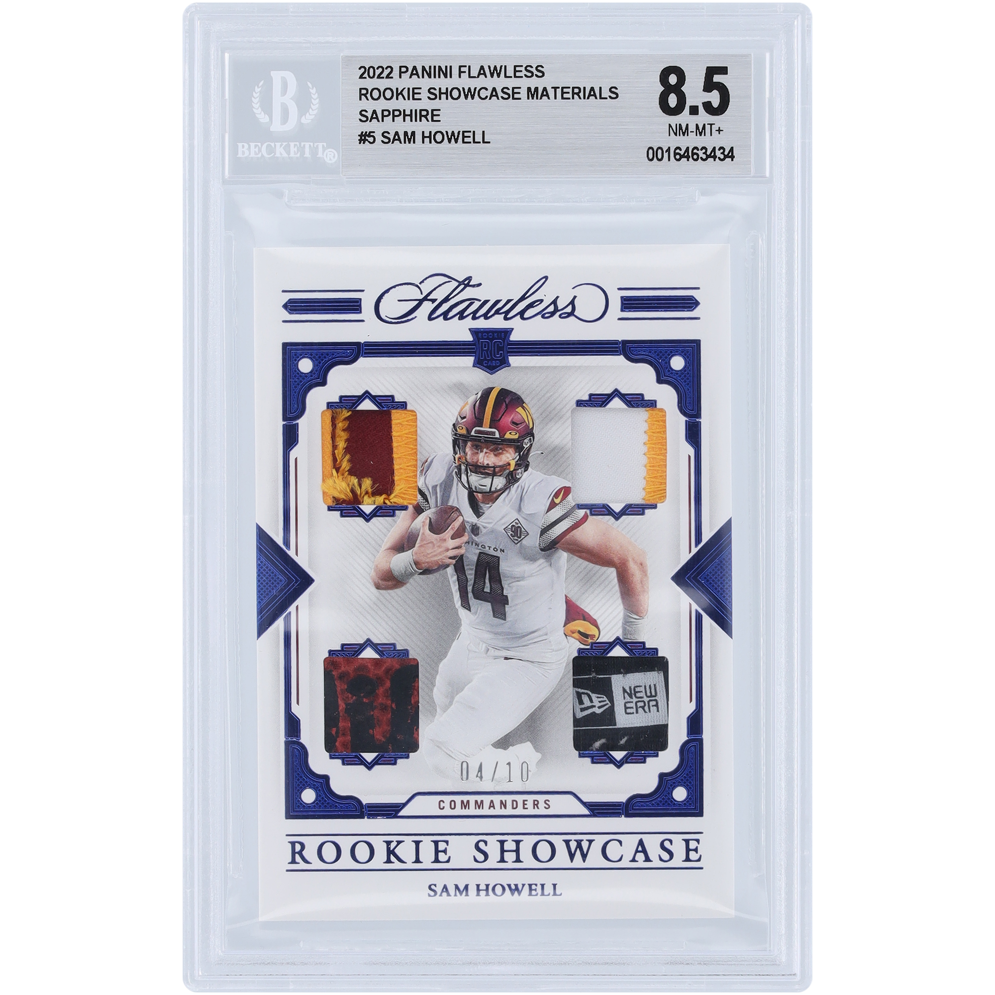 Sam Howell Washington Commanders 2022 Panini Flawless Quad Relic Sapphire #RS-SH #4/10 BGS authentifizierte 8,5 Rookie-Karte