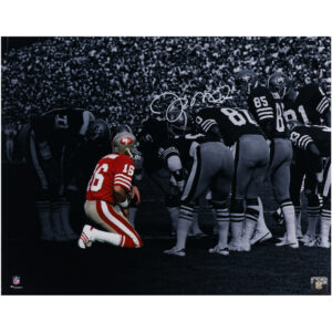 Joe Montana San Francisco 49ers Autogrammfoto Huddle Spotlight, 16 x 20 Zoll, signiert in Weiß