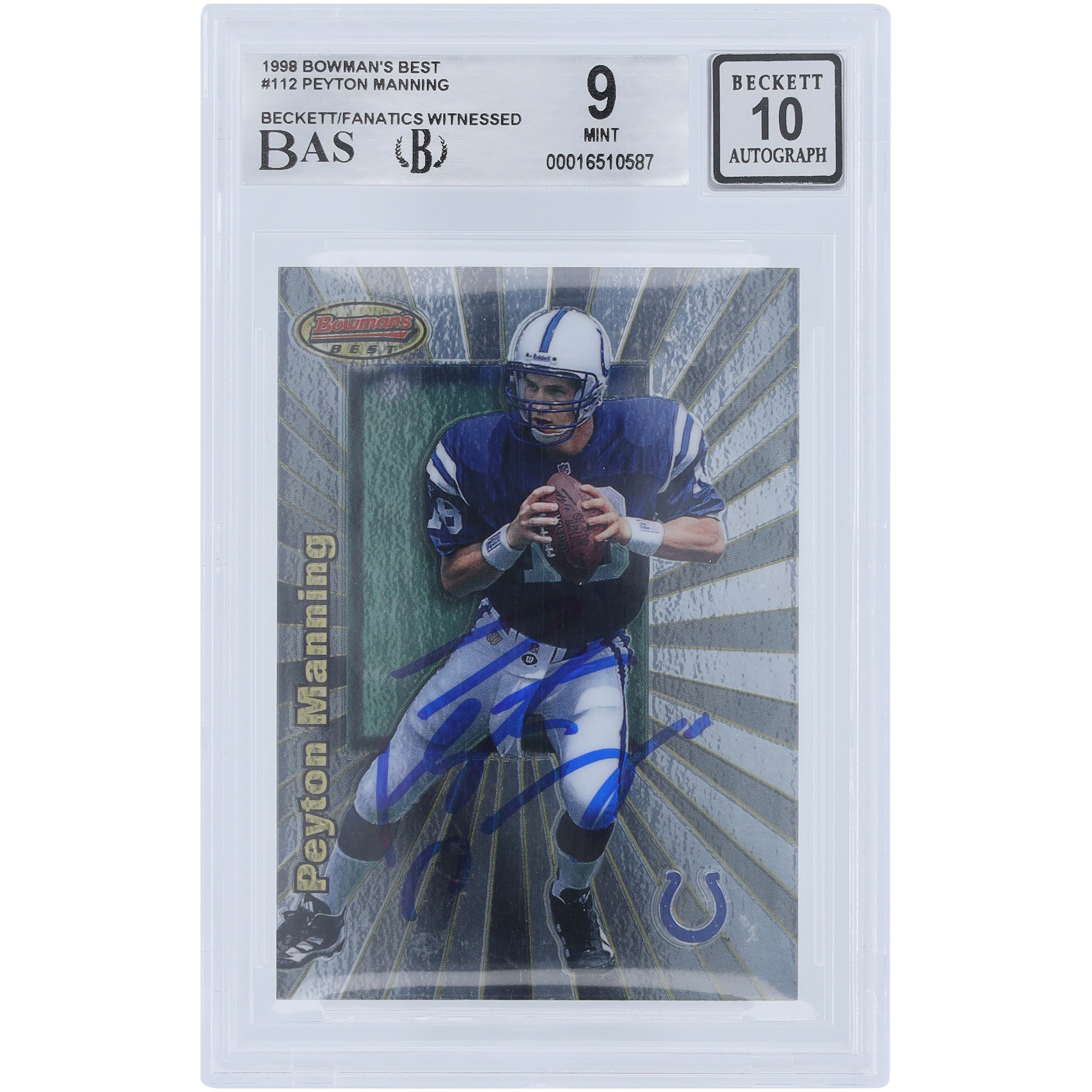 Peyton Manning Indianapolis Colts signierte 1998 Bowman’s Best #112 Beckett Fanatics bezeugte authentifizierte 9/10 Rookie-Karte