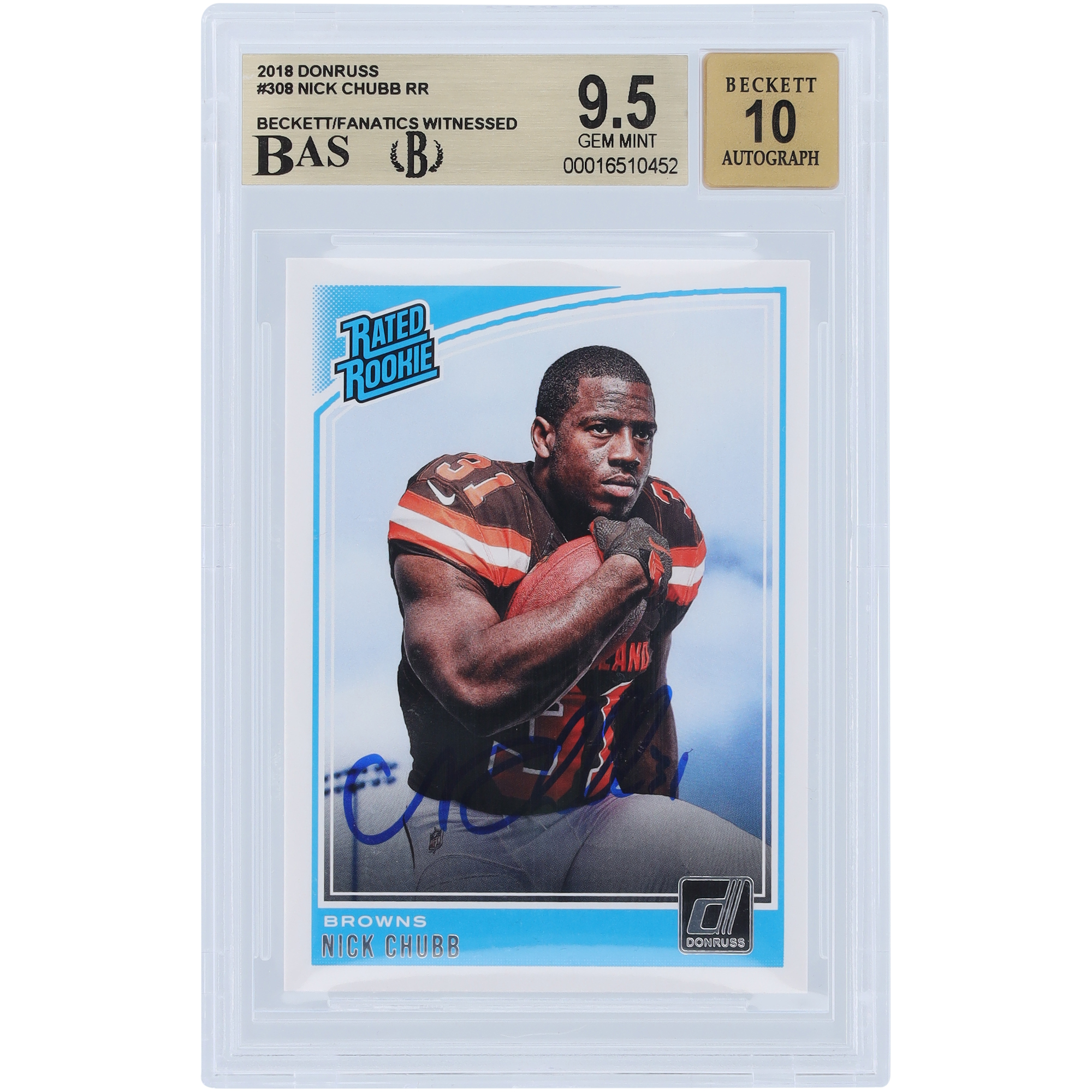 Nick Chubb Cleveland Browns signierte 2018 Panini Donruss bewertete Rookie #308 Beckett Fanatics bezeugte authentifizierte 9,5/10 Rookie-Karte