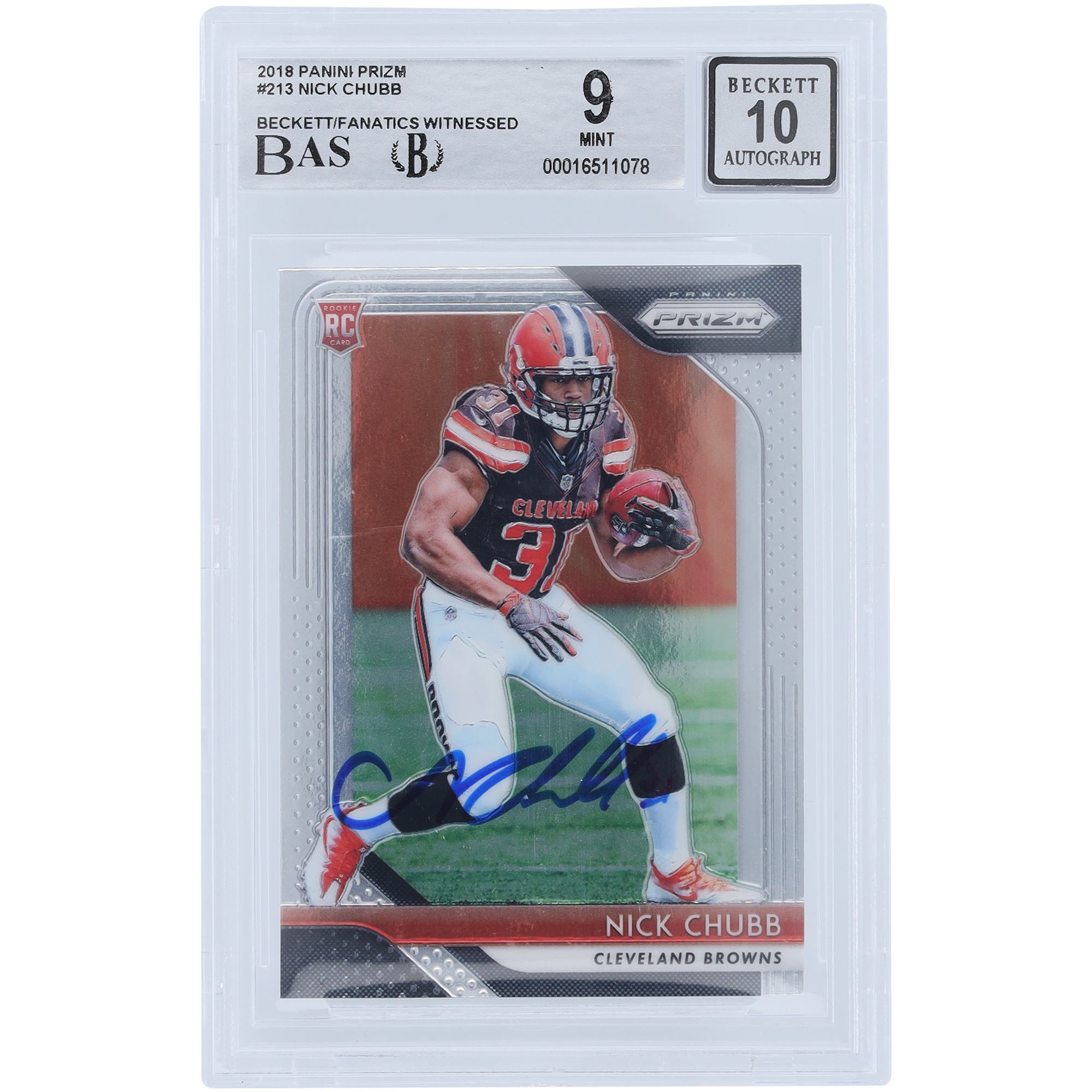 Nick Chubb Cleveland Browns signierte 2018 Panini Prizm #213 Beckett Fanatics bezeugte authentifizierte 9/10 Rookie-Karte