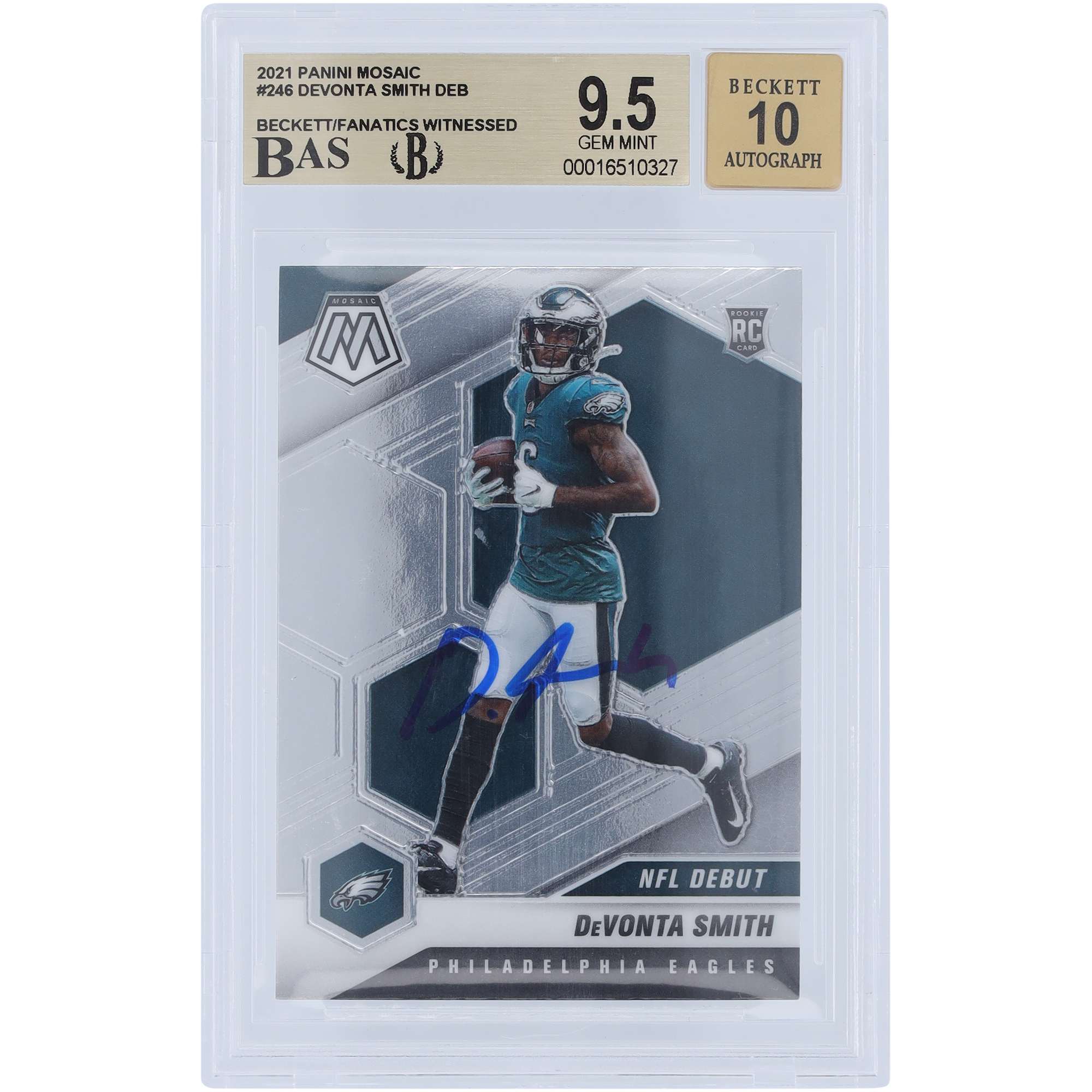 DeVonta Smith Philadelphia Eagles signierte 2021 Panini Mosaic NFL Debüt #246 Beckett Fanatics bezeugte authentifizierte 9,5/10 Rookie-Karte