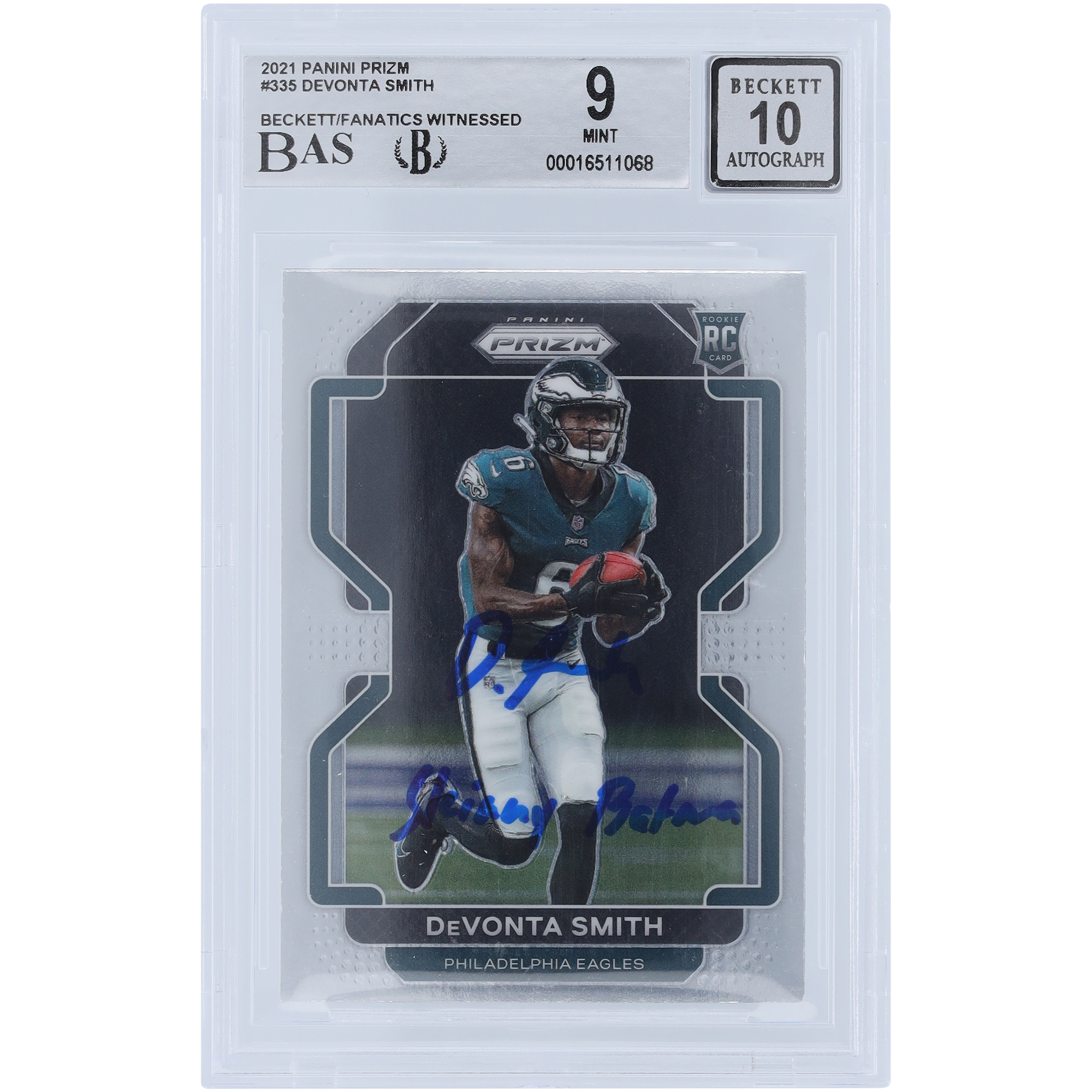 DeVonta Smith Philadelphia Eagles signierte 2021 Panini Prizm #335 Beckett Fanatics bezeugte authentifizierte 9/10 Rookie-Karte mit „Skinny Batman“-Aufschrift