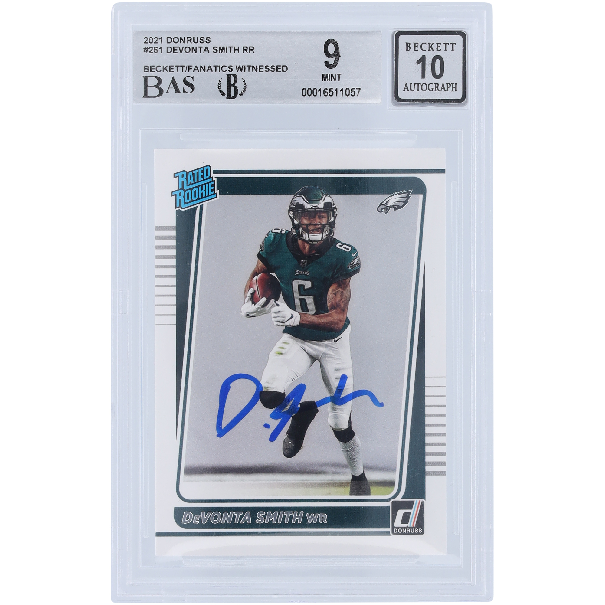 DeVonta Smith Philadelphia Eagles signierte 2021 Panini Donruss bewertet Rookie #261 Beckett Fanatics bezeugt authentifizierte 9/10 Rookie-Karte