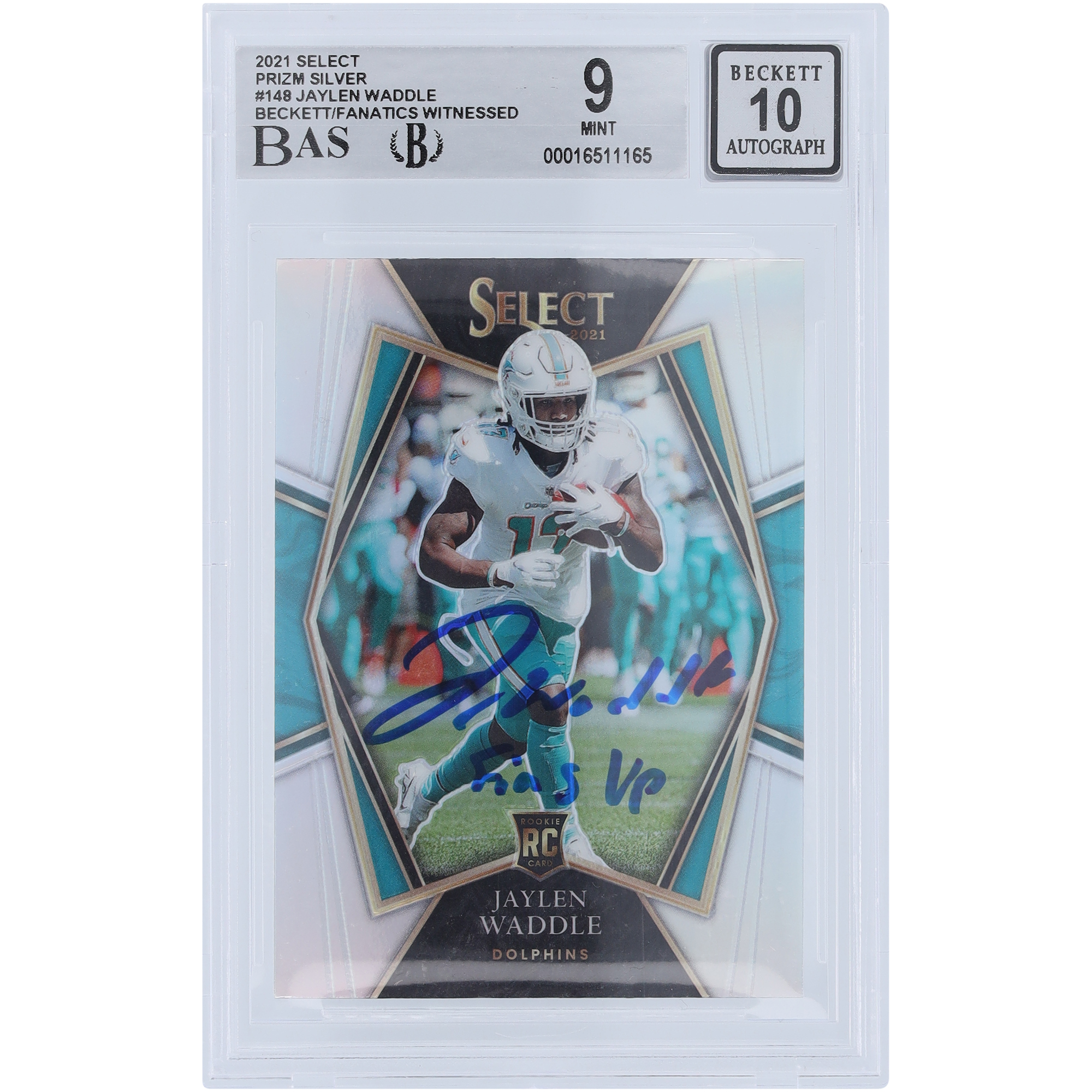 Jaylen Waddle Miami Dolphins signierte 2021 Panini Select Silver Prizm #148 Beckett Fanatics bezeugte authentifizierte 9/10 Rookie-Karte mit „Fins Up“-Aufschrift