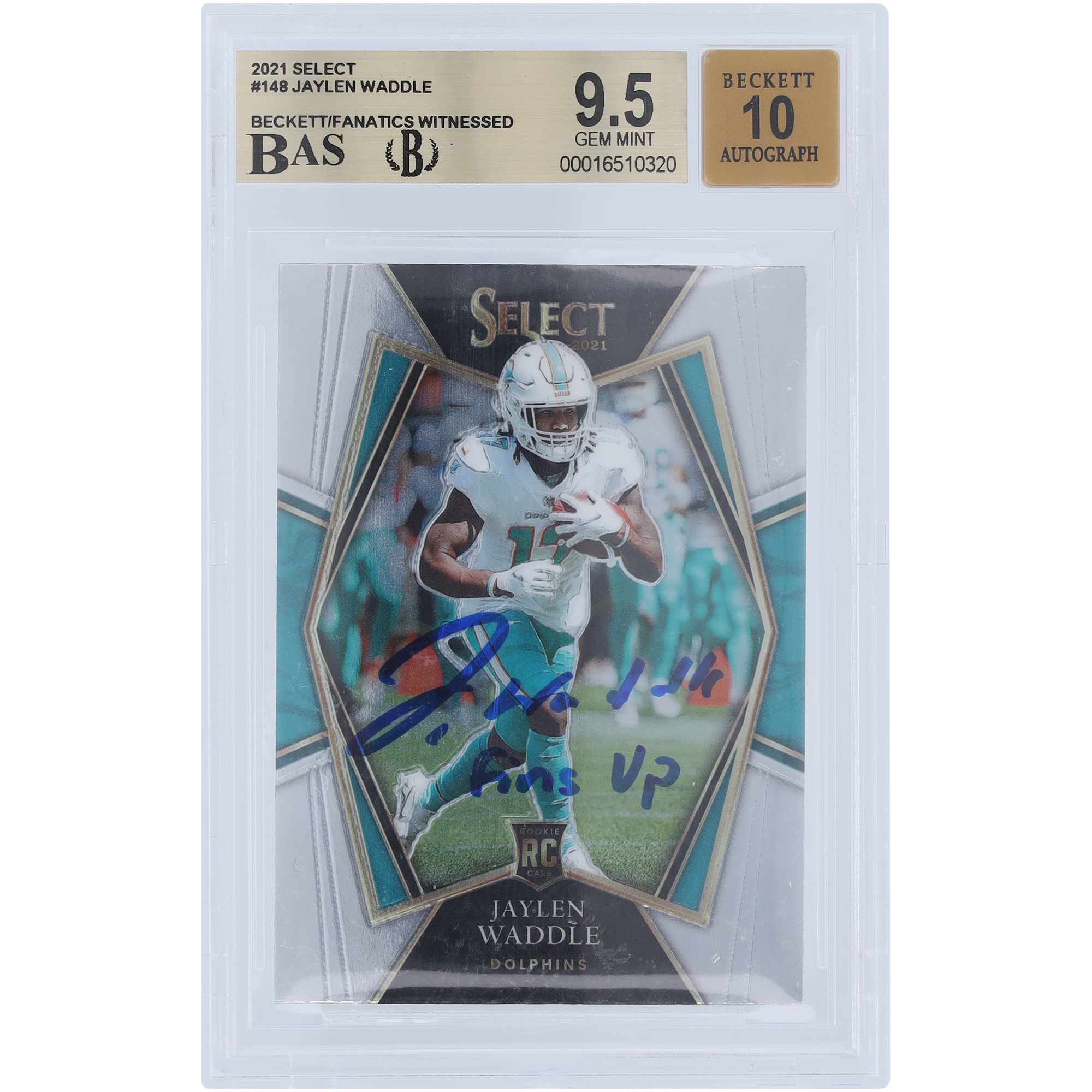 Jaylen Waddle Miami Dolphins signierte 2021 Panini Select #148 Beckett Fanatics bezeugte authentifizierte 9,5/10 Rookie-Karte mit „Fins Up“-Aufschrift