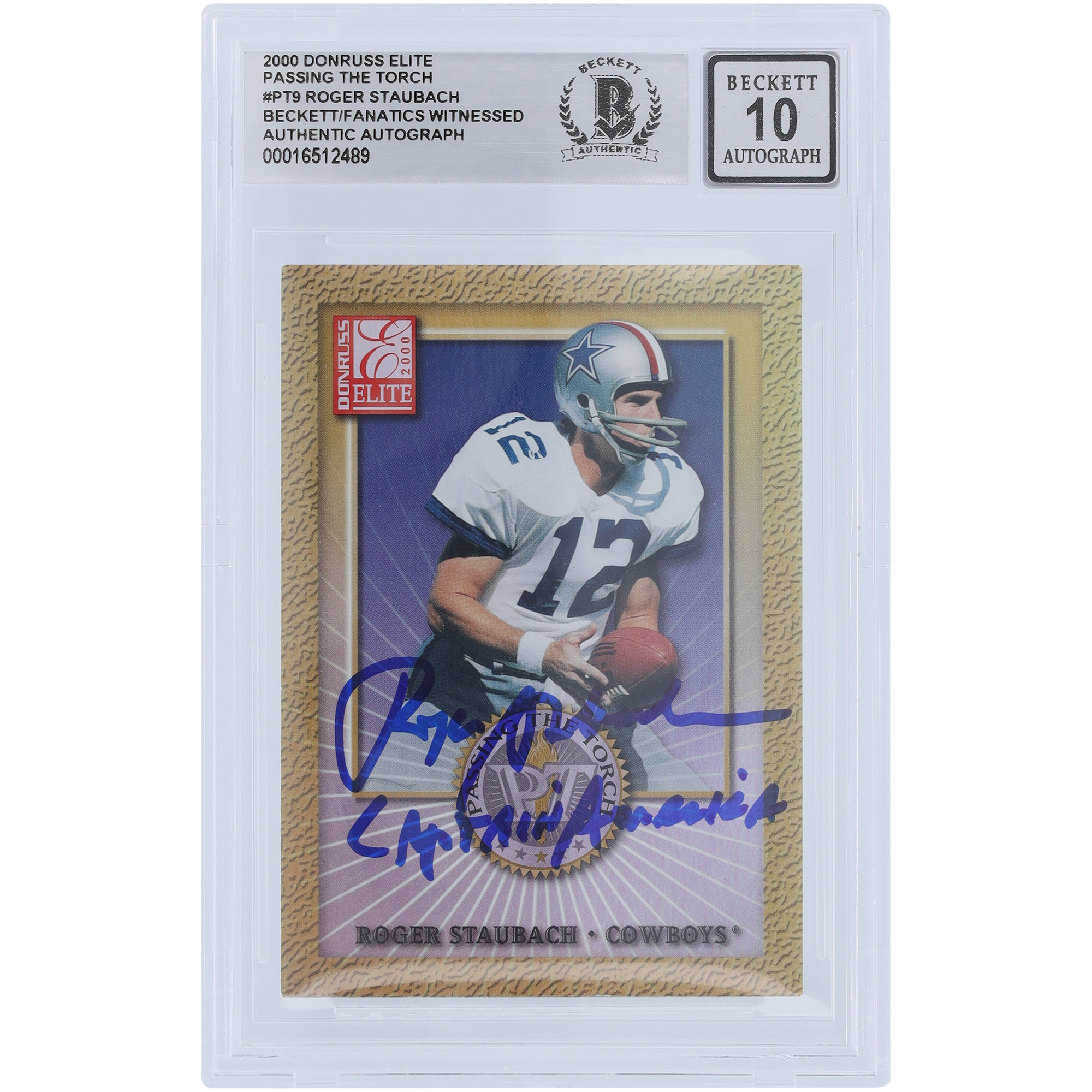 Roger Staubach, Dallas Cowboys, signiert, 2000, Donruss Elite Passing The Torch #PT-9 #/1500, Beckett Fanatics bezeugte authentifizierte 10er-Karte mit „Captain America“-Aufschrift