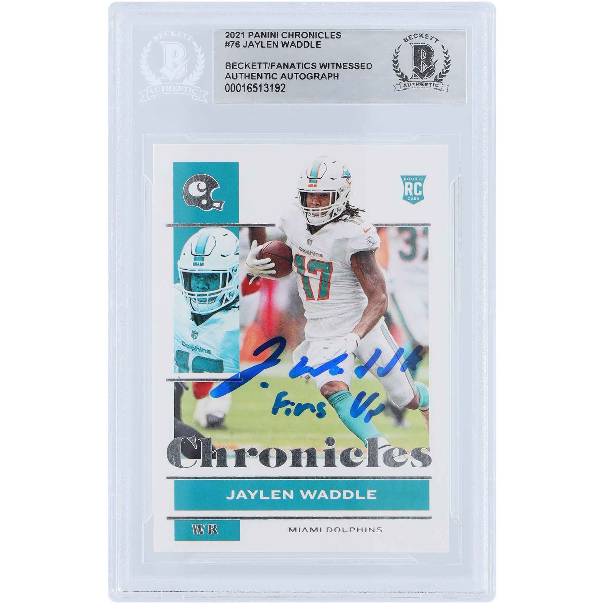 Jaylen Waddle Miami Dolphins signierte 2021 Panini Chronicles #76 Beckett Fanatics bezeugte authentifizierte Rookie-Karte mit „Fins Up“-Aufschrift