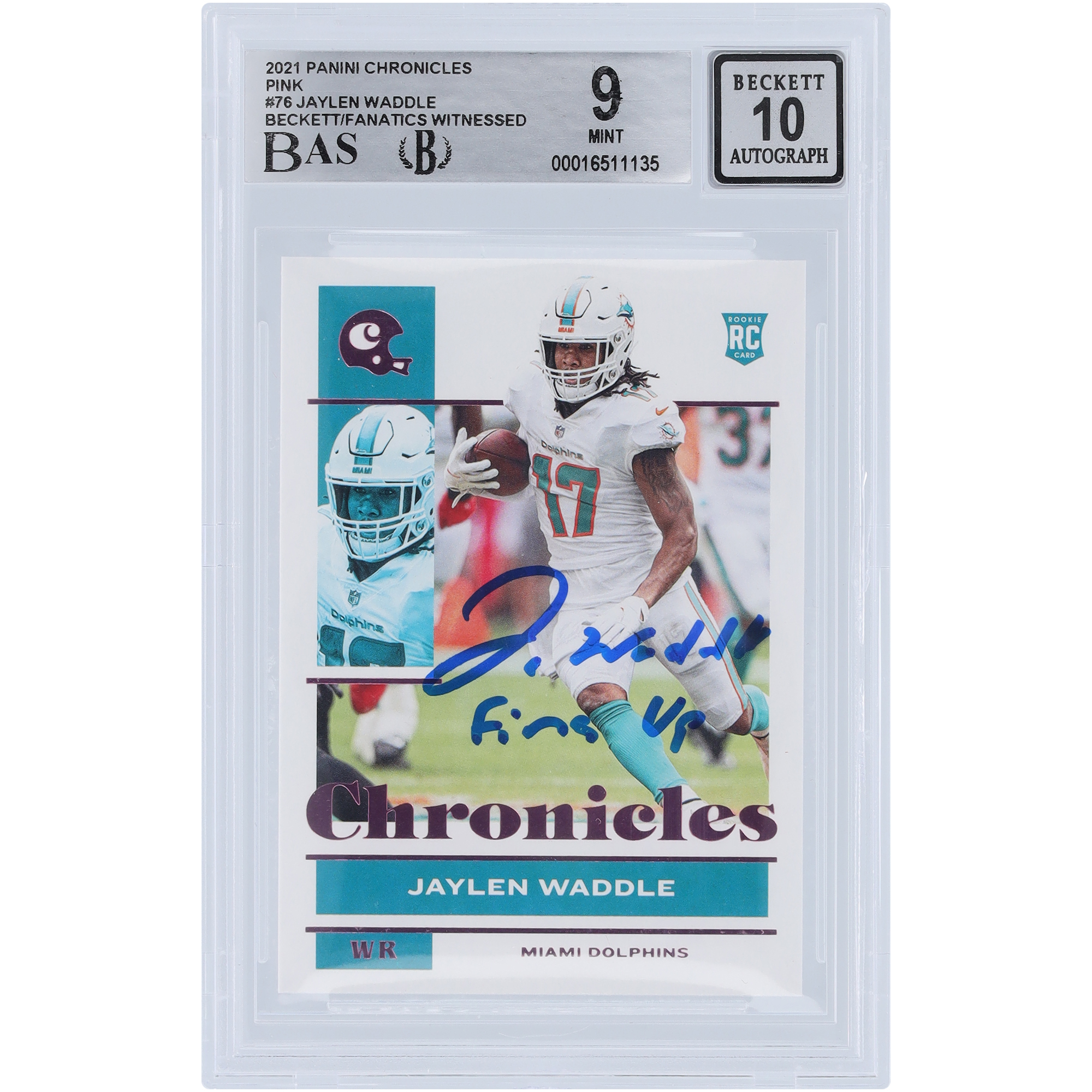 Jaylen Waddle Miami Dolphins signierte 2021 Panini Chronicles Pink #76 Beckett Fanatics bezeugte authentifizierte 9/10 Rookie-Karte mit „Fins Up“-Aufschrift