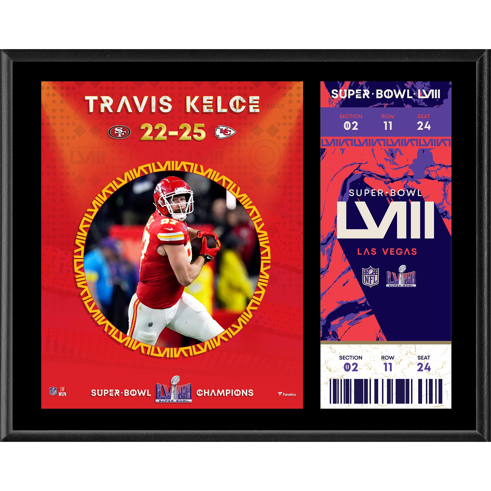 Travis Kelce Kansas City Chiefs Super Bowl LVIII Champions 12“ x 15“ Sublimierte Plakette mit Replik-Ticket