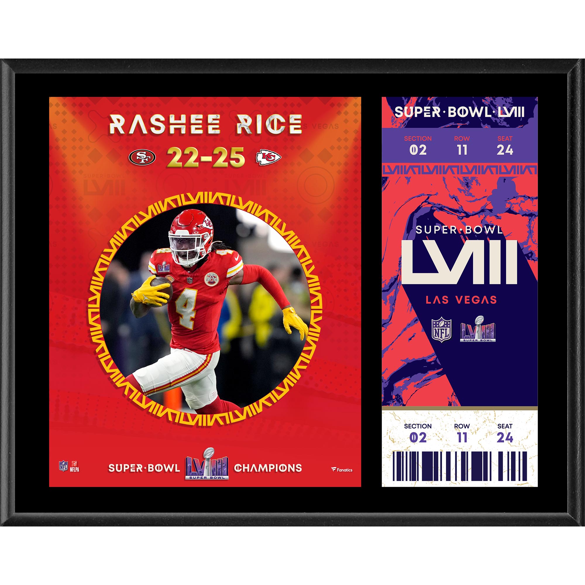 Rashee Rice Kansas City Chiefs Super Bowl LVIII Champions 12“ x 15“ Sublimierte Plakette mit Replik-Ticket