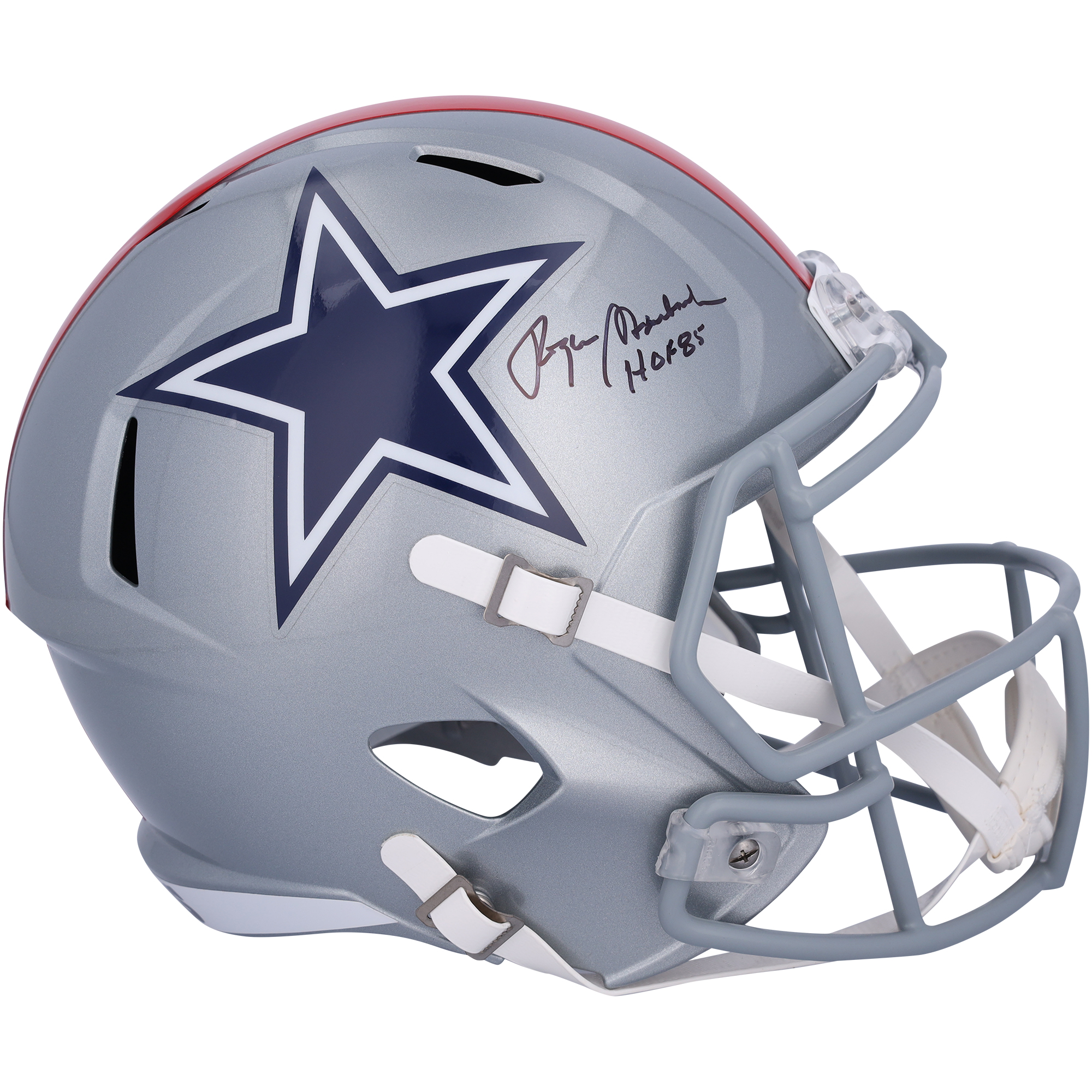 Von Roger Staubach signierter Speed-Replika-Helm der Dallas Cowboys mit der Aufschrift „HOF 85“