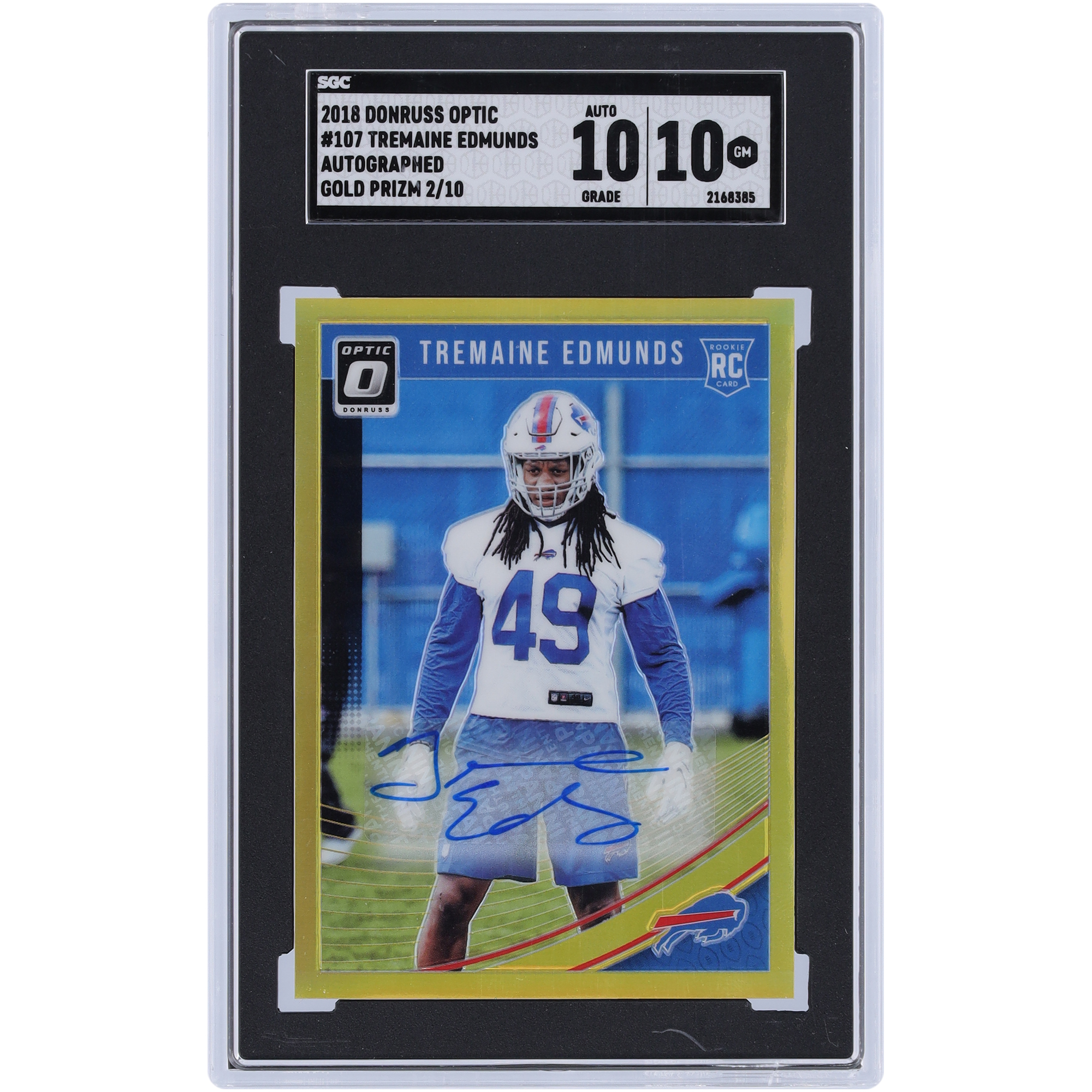 Tremaine Edmunds Buffalo Bills signierte 2018 Panini Donruss Optic Gold Prizm #107 #2/10 SGC authentifizierte 10/10 Rookie-Karte