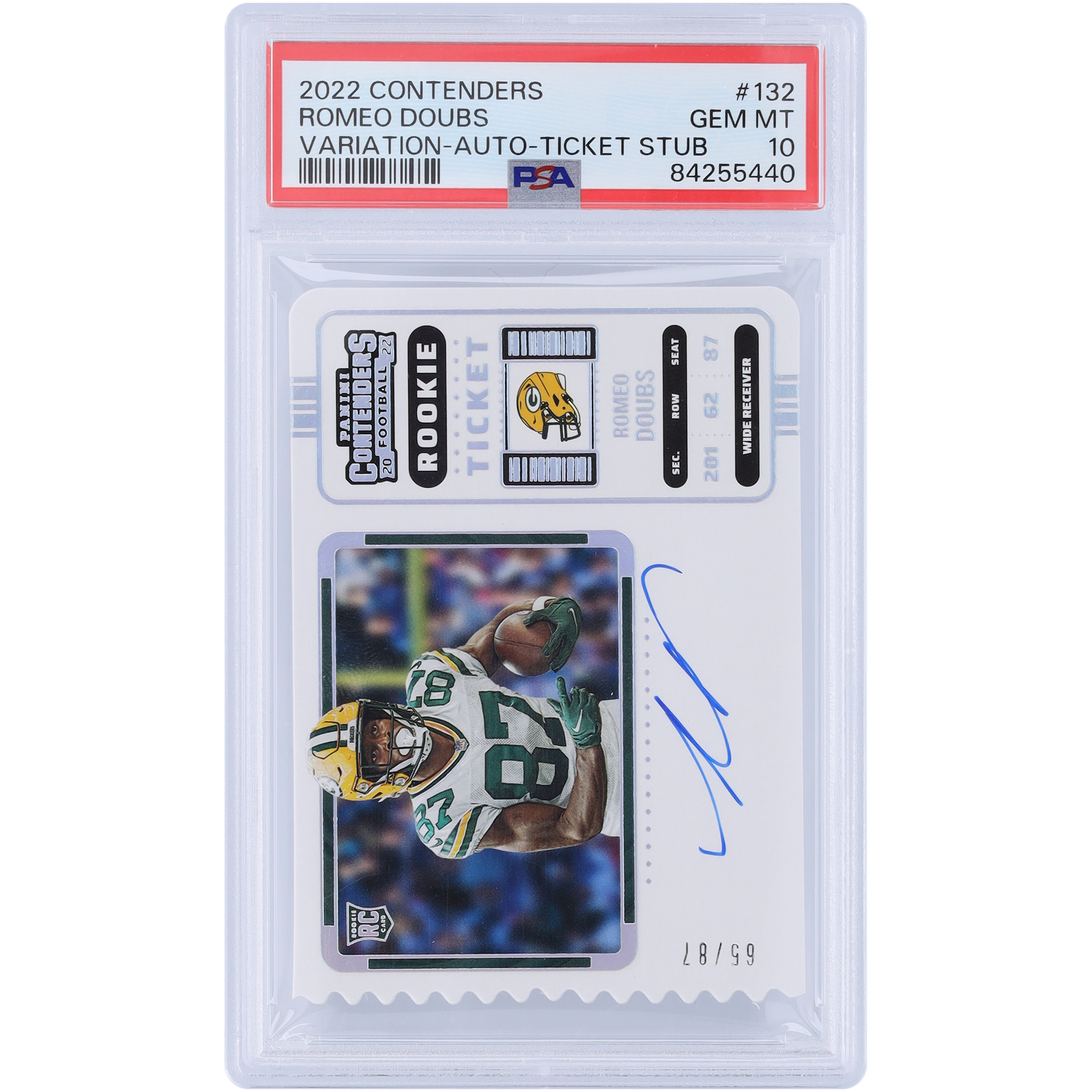 Romeo Doubs Green Bay Packers signiert 2022 Panini Contenders Ticket Stub #132 #65/87 PSA authentifiziert 10 Rookie-Karte