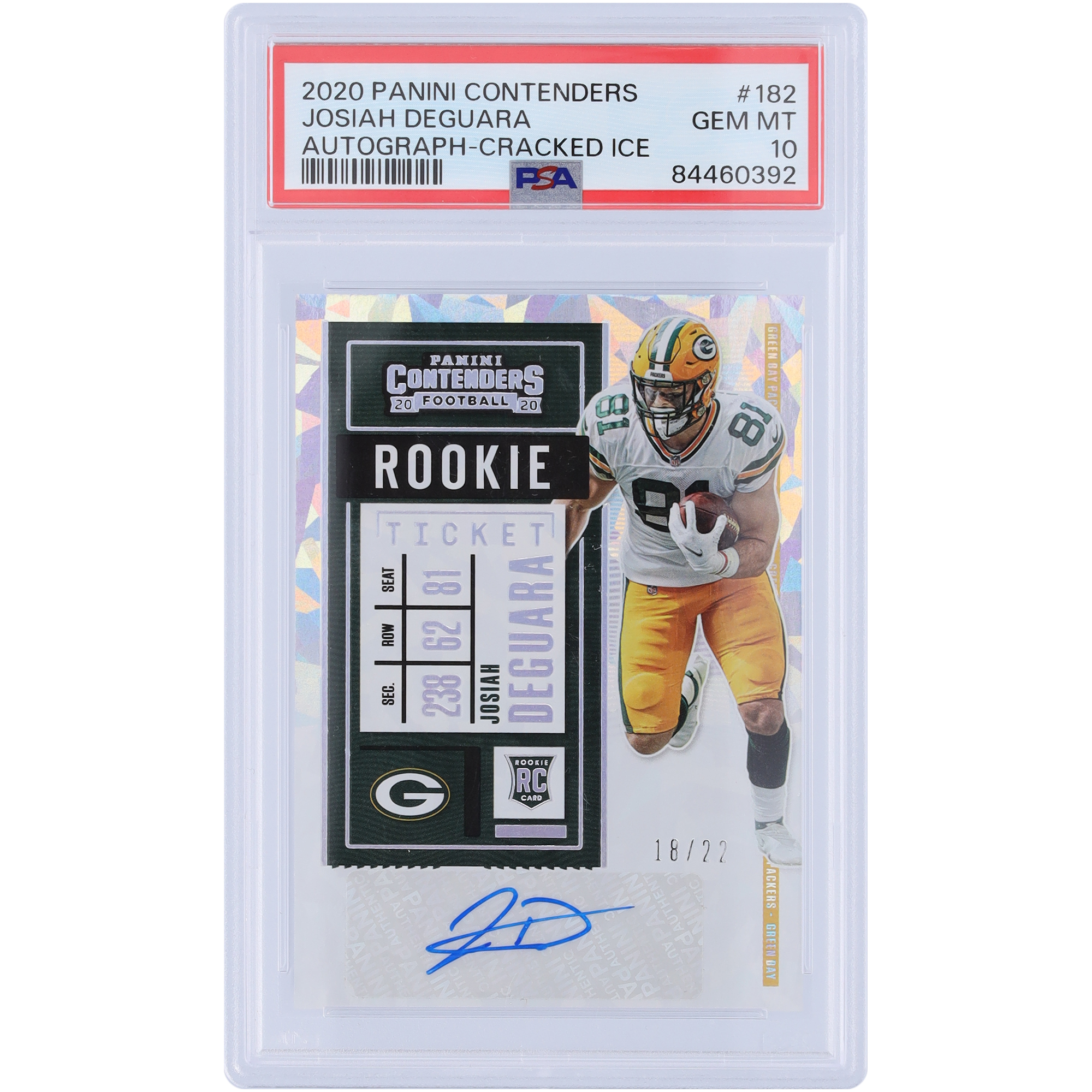 Josiah Deguara Green Bay Packers signiert 2020 Panini Contenders Cracked Ice #182 #18/22 PSA authentifizierte 10 Rookie-Karte