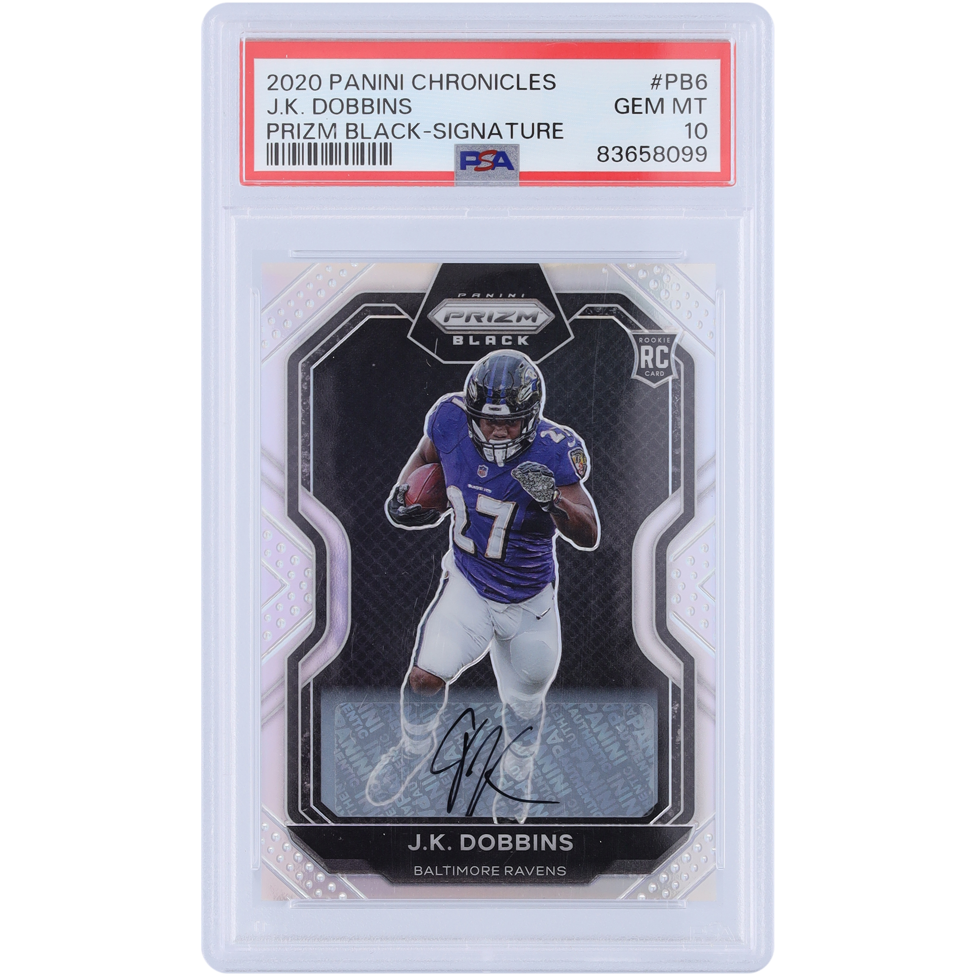 J.K. Dobbins Baltimore Ravens signierte 2020 Panini Prizm Schwarz Silber Prizm #PB-6 PSA authentifizierte 10 Rookie-Karte