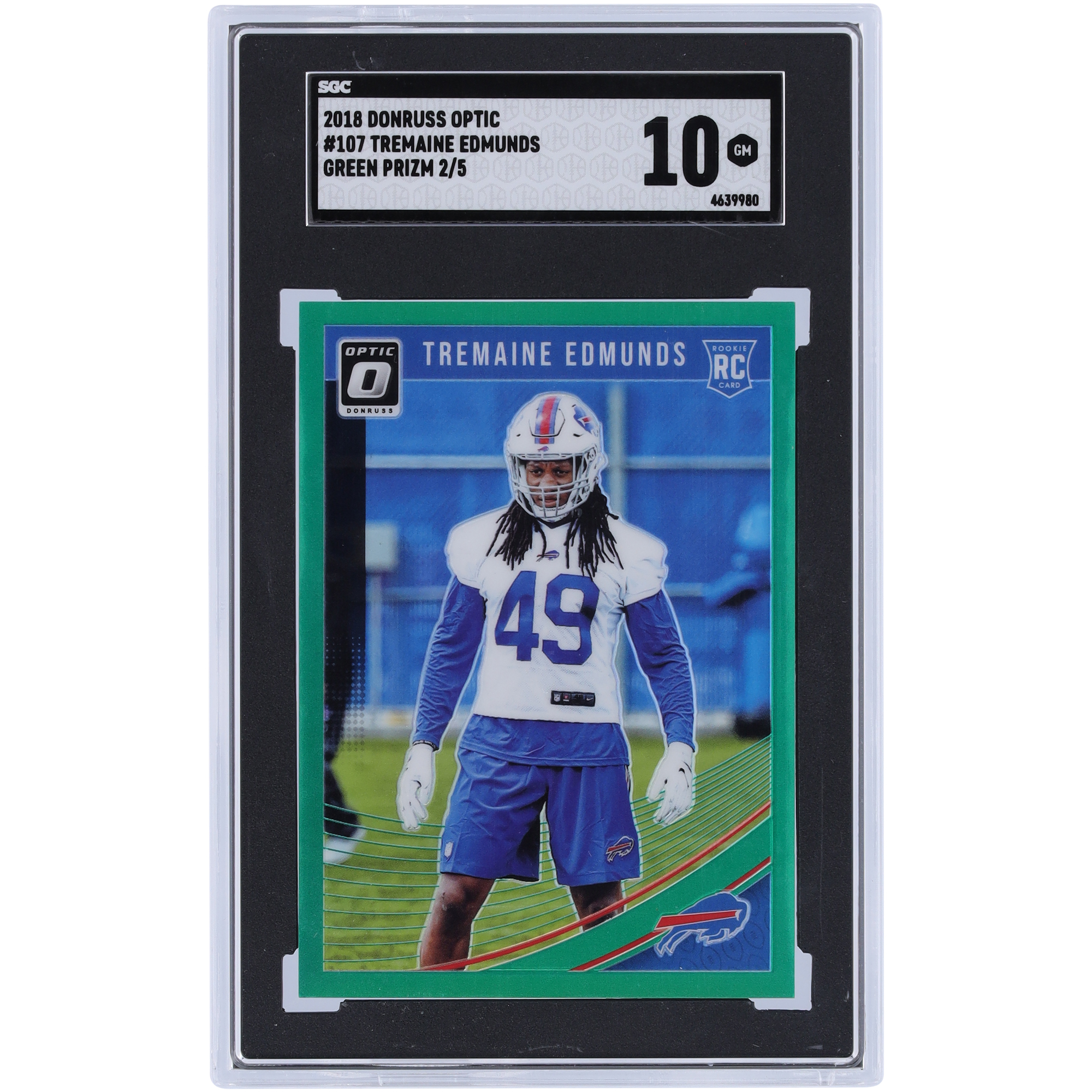 Tremaine Edmunds Buffalo Bills 2018 Panini Donruss Optic Green Prizm #107 #2/5 SGC Authentifizierte 10 Rookie-Karte