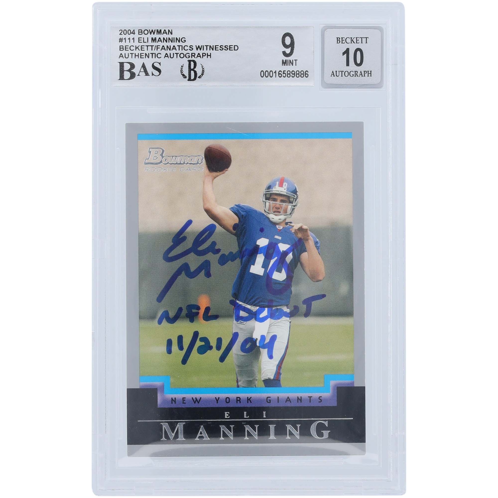 Eli Manning New York Giants signierte 2004 Bowman #111 Beckett Fanatics bezeugte authentifizierte 9/10 Rookie-Karte mit „NFL Debut 11/21/04“ Aufschrift