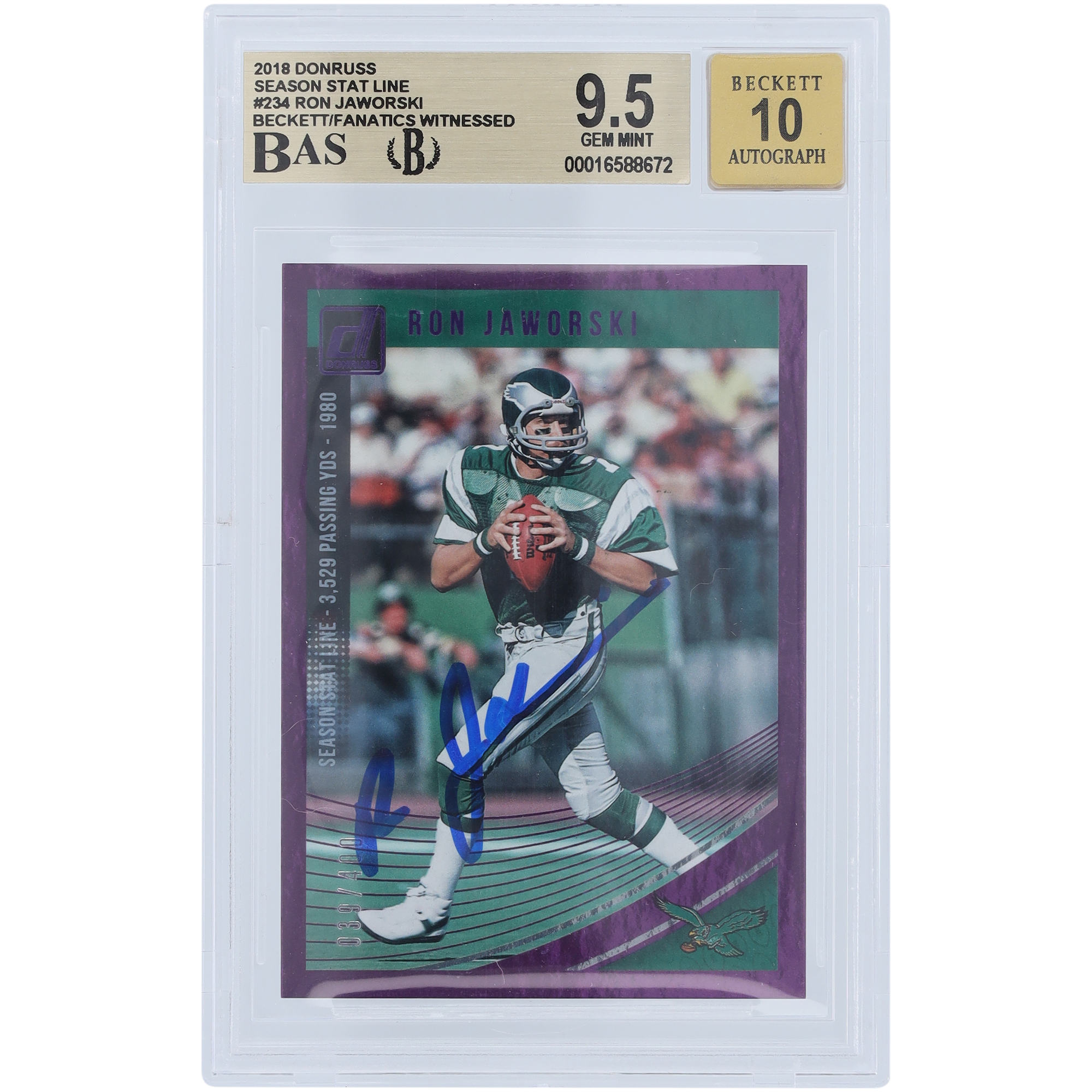 Ron Jaworski Philadelphia Eagles signierte 2018 Panini Donruss Saison Stat Line #234 #/400 Beckett Fanatics bezeugte authentifizierte 9,5/10 Karte