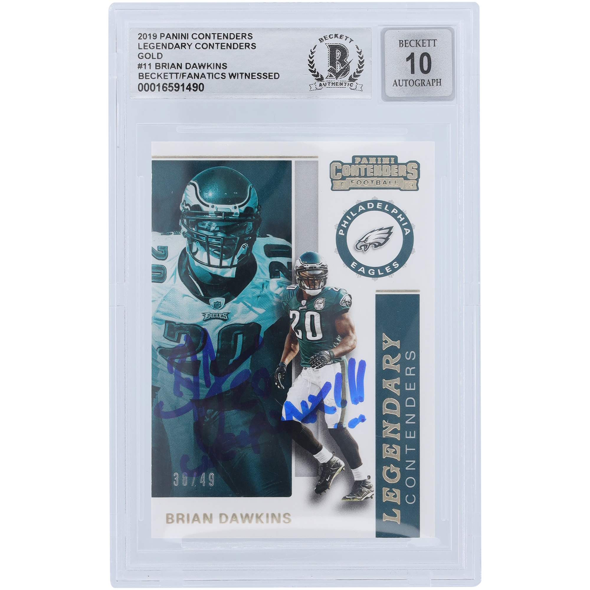 Brian Dawkins Philadelphia Eagles signierte 2019 Panini Contenders Legendary #LC-BD #/49 Beckett Fanatics bezeugte authentifizierte 10er-Karte mit „Weapon X“-Inschrift