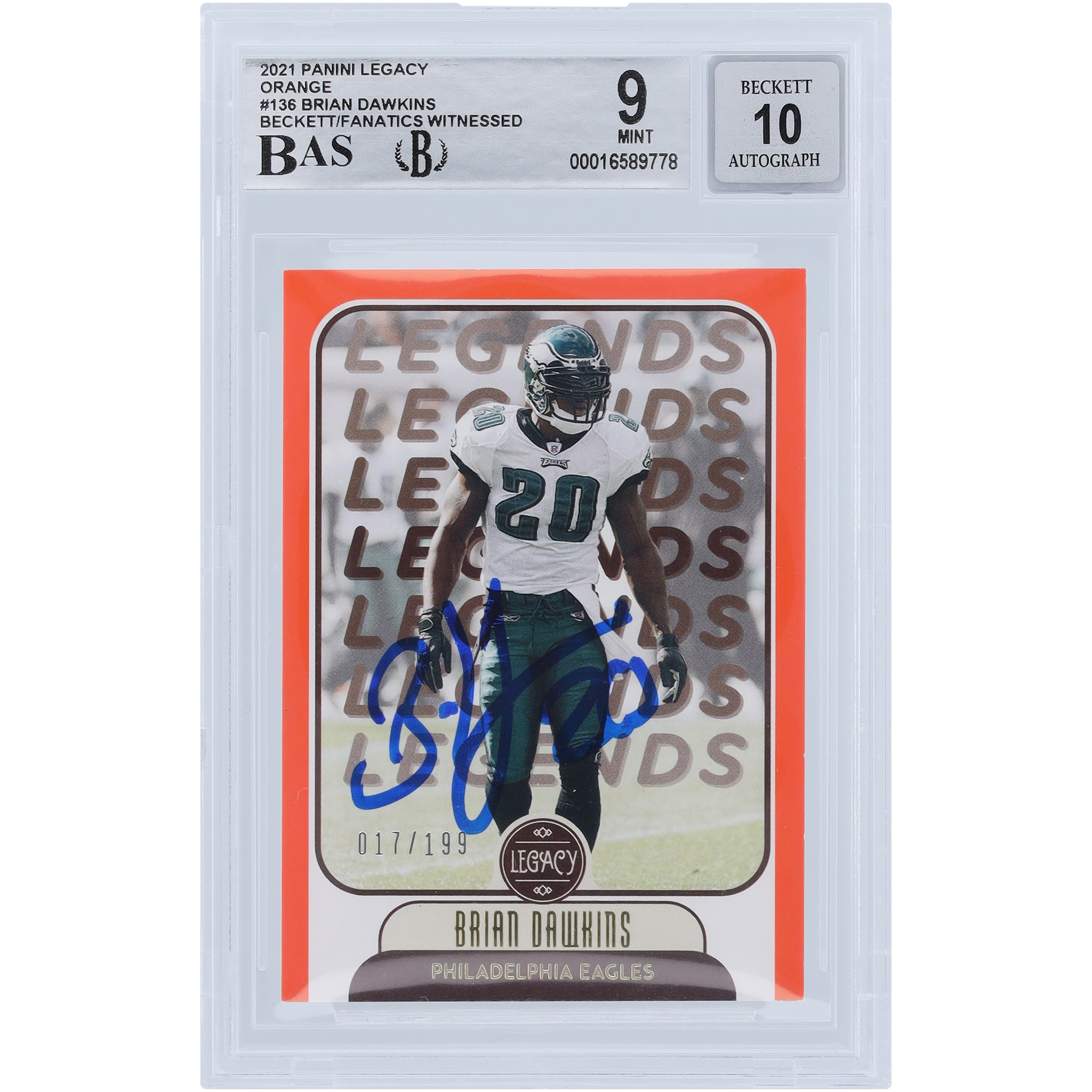 Brian Dawkins Philadelphia Eagles signierte 2021 Panini Legacy Orange #136 #/199 Beckett Fanatics bezeugte authentifizierte 9/10 Karte