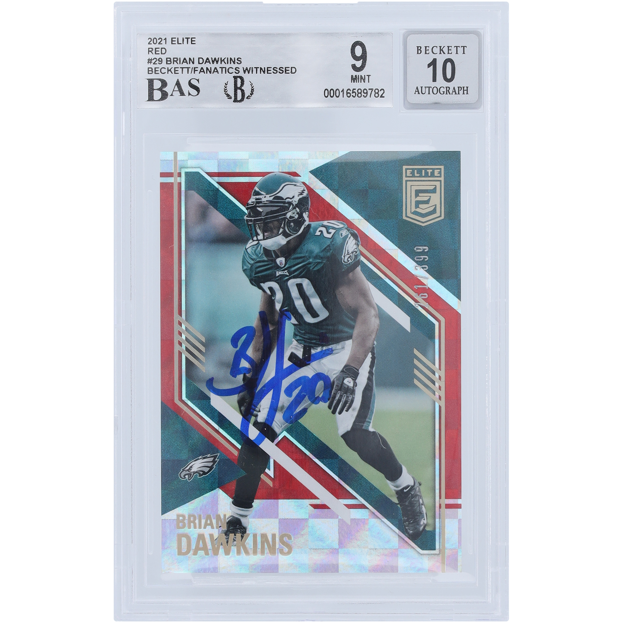 Brian Dawkins Philadelphia Eagles signierte 2021 Panini Elite Red #29 #/399 Beckett Fanatics bezeugte authentifizierte 9/10 Karte