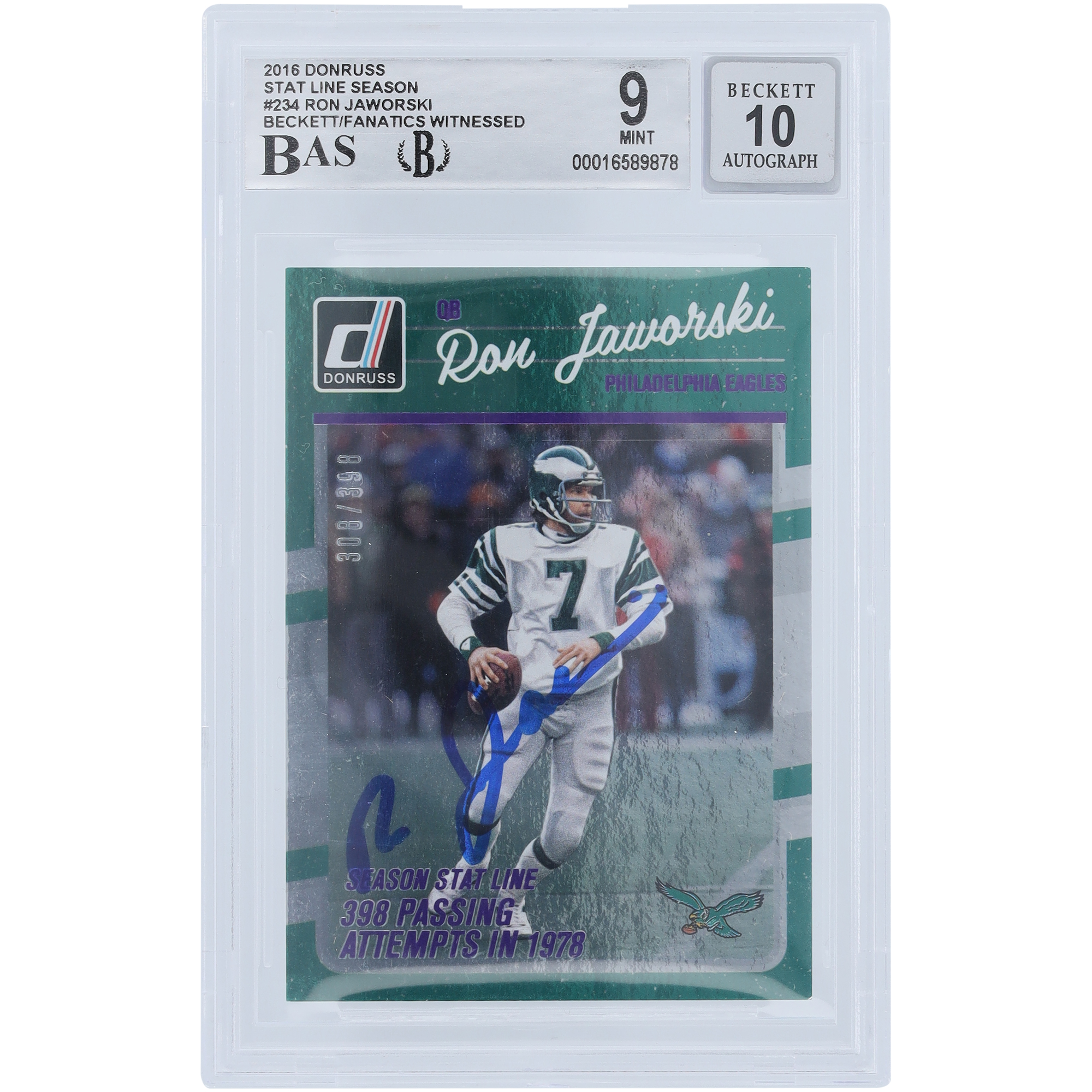 Ron Jaworski Philadelphia Eagles signierte 2016 Panini Donruss Saison Stat Line #234 #/398 Beckett Fanatics bezeugte authentifizierte 9/10 Karte