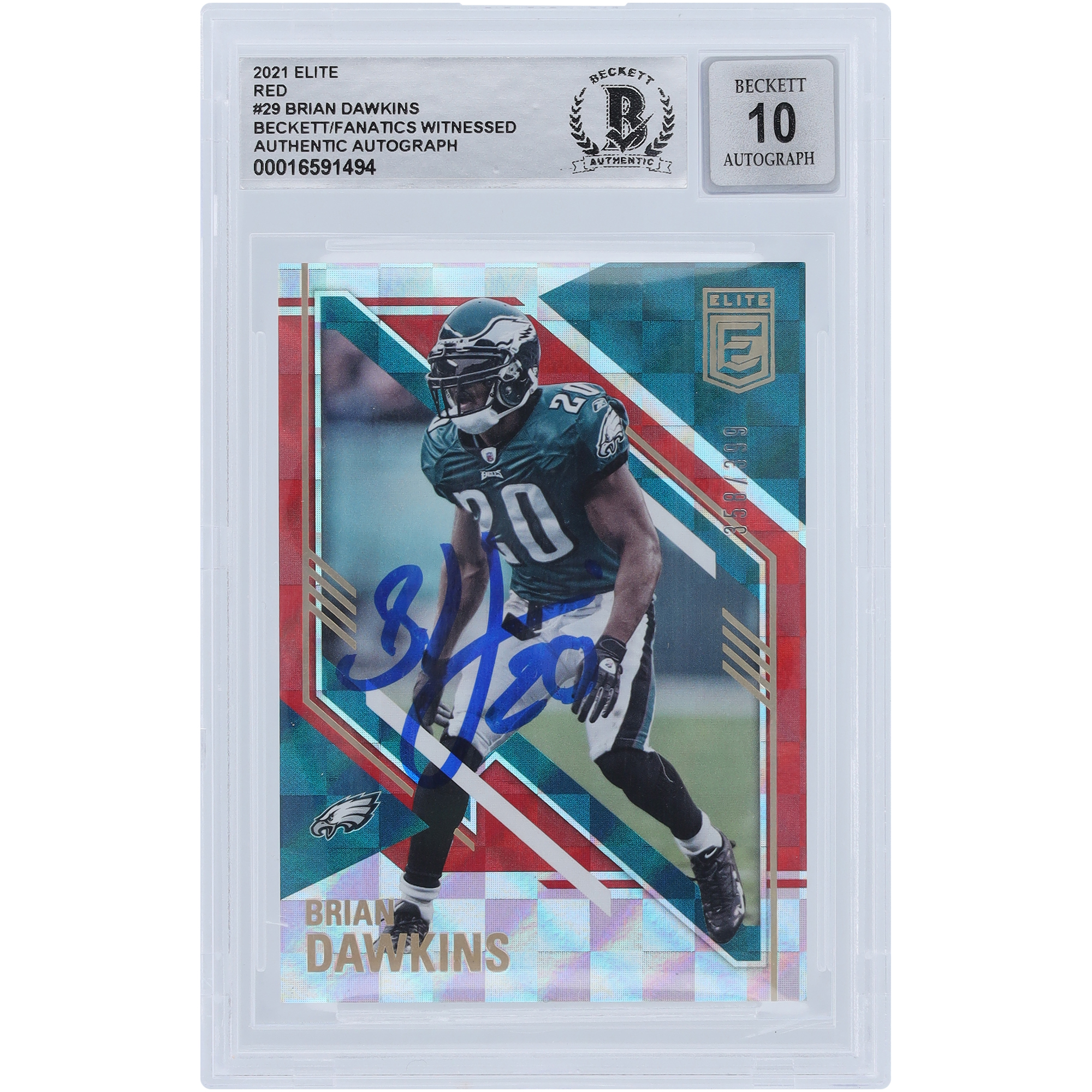 Brian Dawkins Philadelphia Eagles signiert 2021 Panini Elite Red #29 #/399 Beckett Fanatics bezeugt authentifiziert 10 Karte