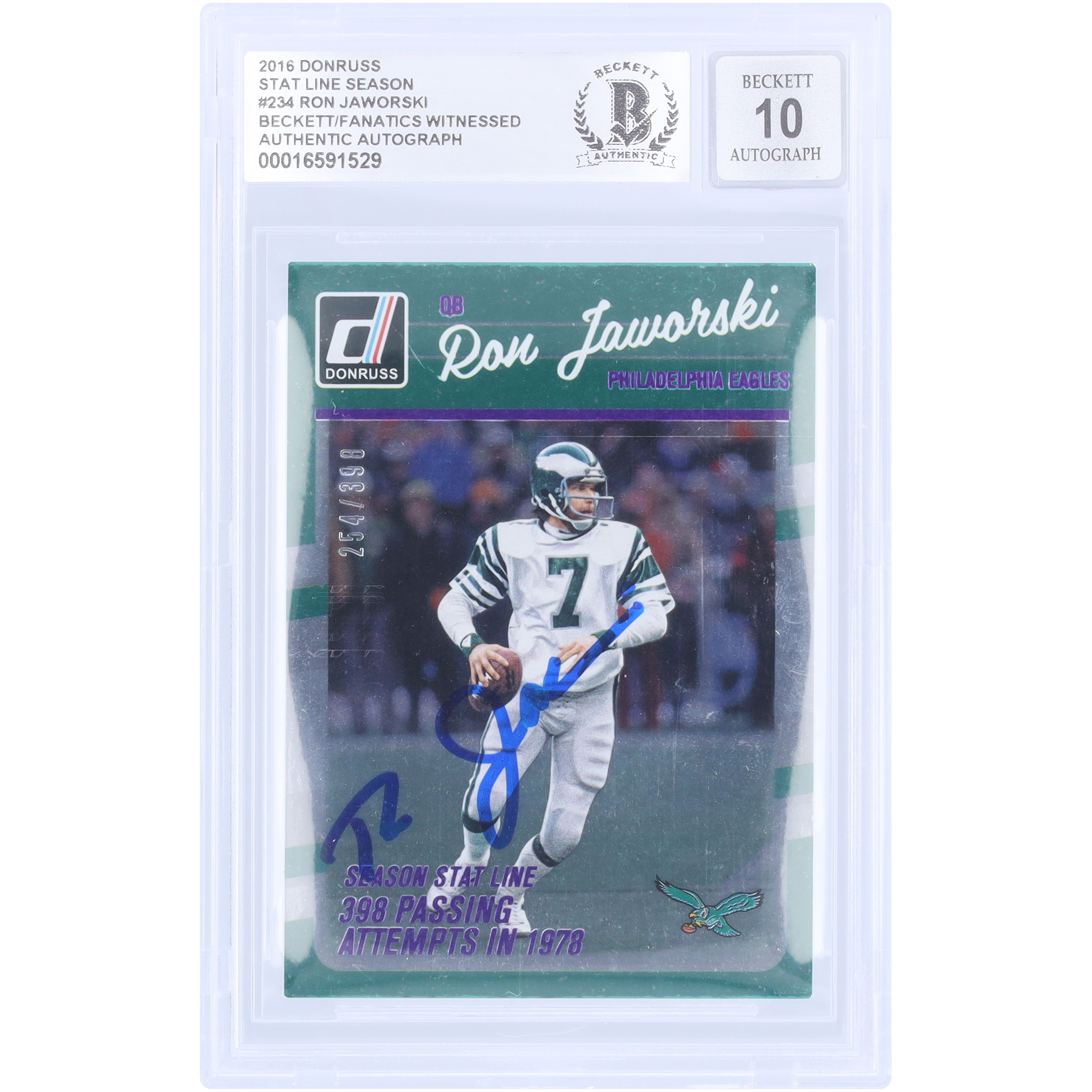 Ron Jaworski Philadelphia Eagles signiert 2016 Panini Donruss Saison Stat Line #234 #/398 Beckett Fanatics bezeugt authentifiziert 10 Karte