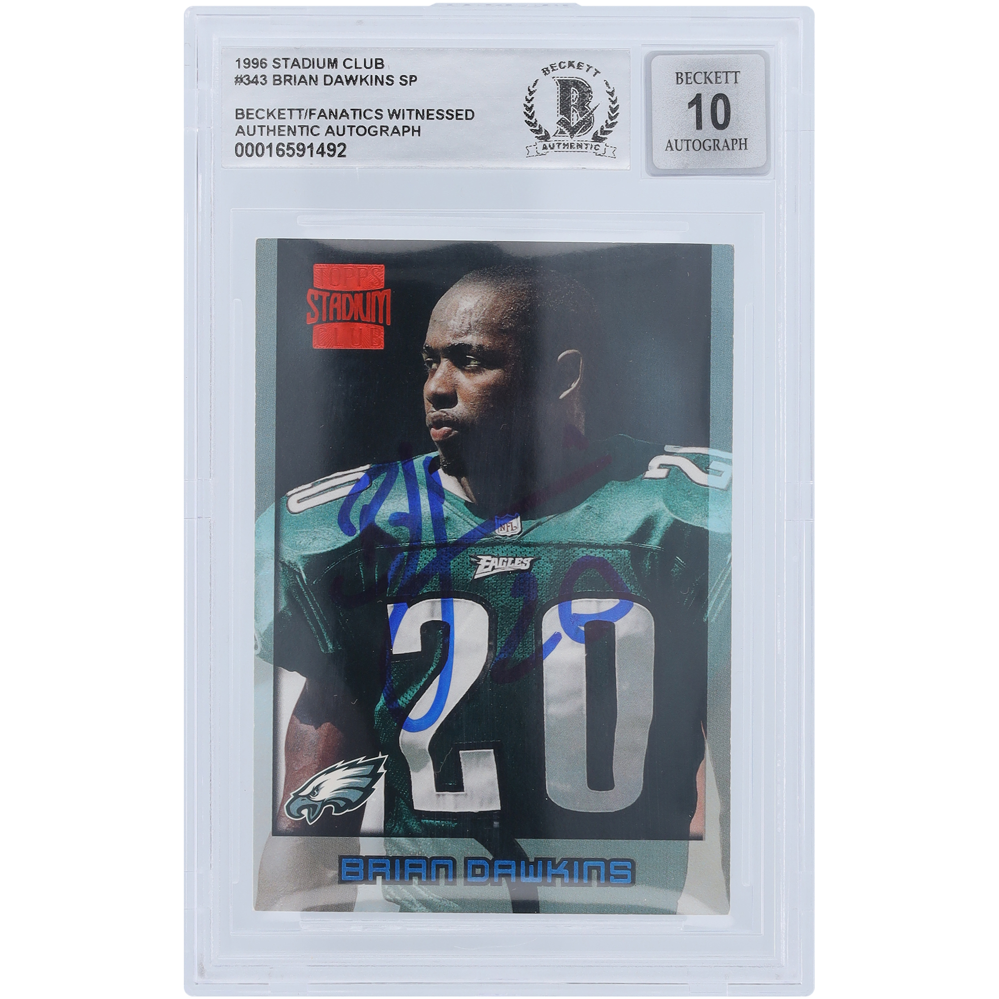 Brian Dawkins Philadelphia Eagles signiert 1996 Topps Stadium Club #343 Beckett Fanatics bezeugt authentifiziert 10 Rookie-Karte