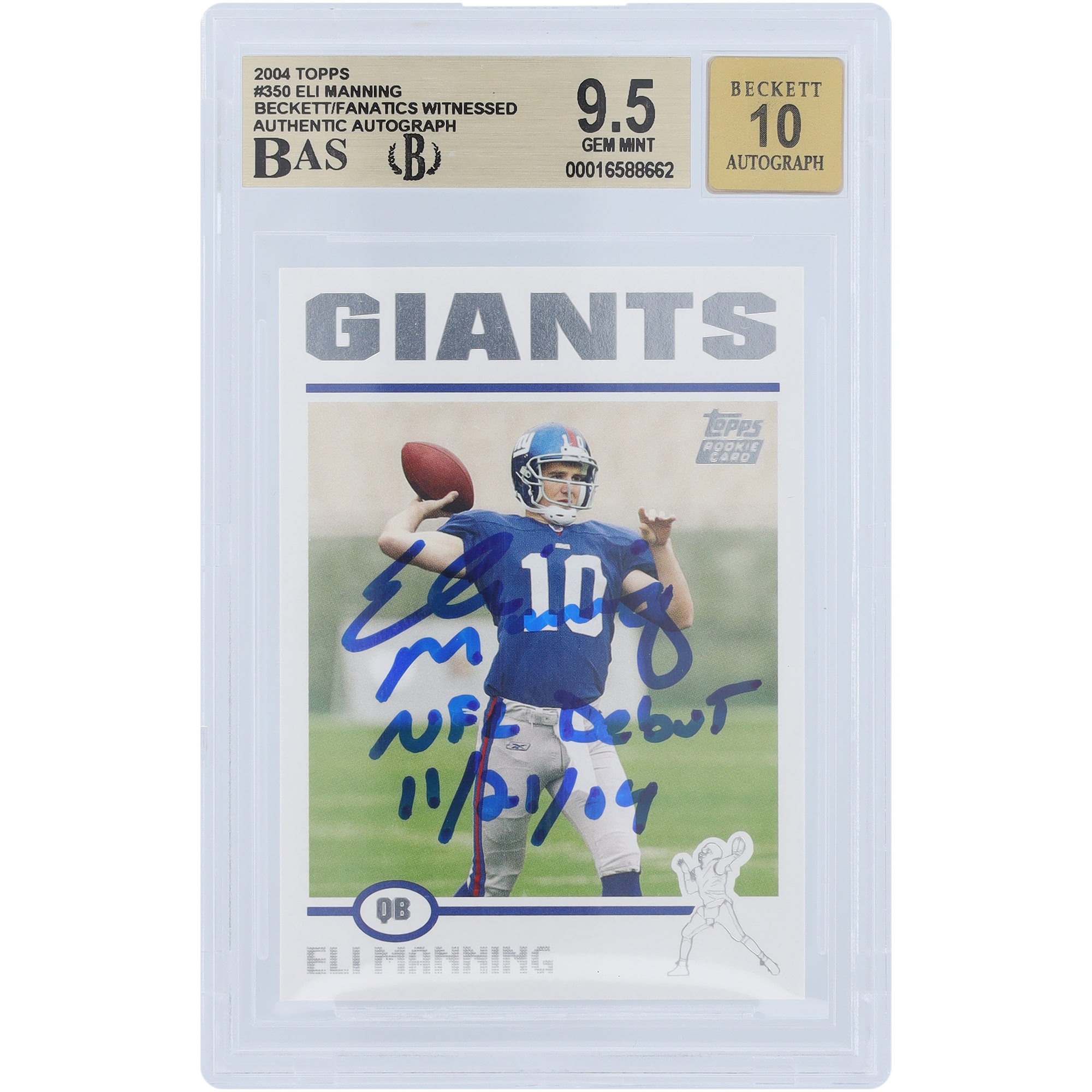 Eli Manning New York Giants signierte 2004 Topps #350 Beckett Fanatics bezeugte authentifizierte 9,5/10 Rookie-Karte mit „NFL Debut 11/21/04“ Aufschrift