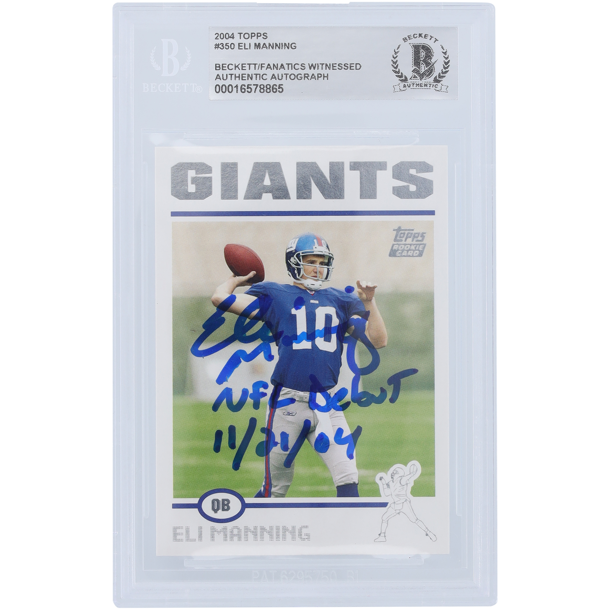 Signierte Topps-Karte von Eli Manning von den New York Giants aus dem Jahr 2004, Nr. 350, von Beckett Fanatics bezeugt, authentifizierte Rookie-Karte mit der Aufschrift „NFL Debut 11/21/04“