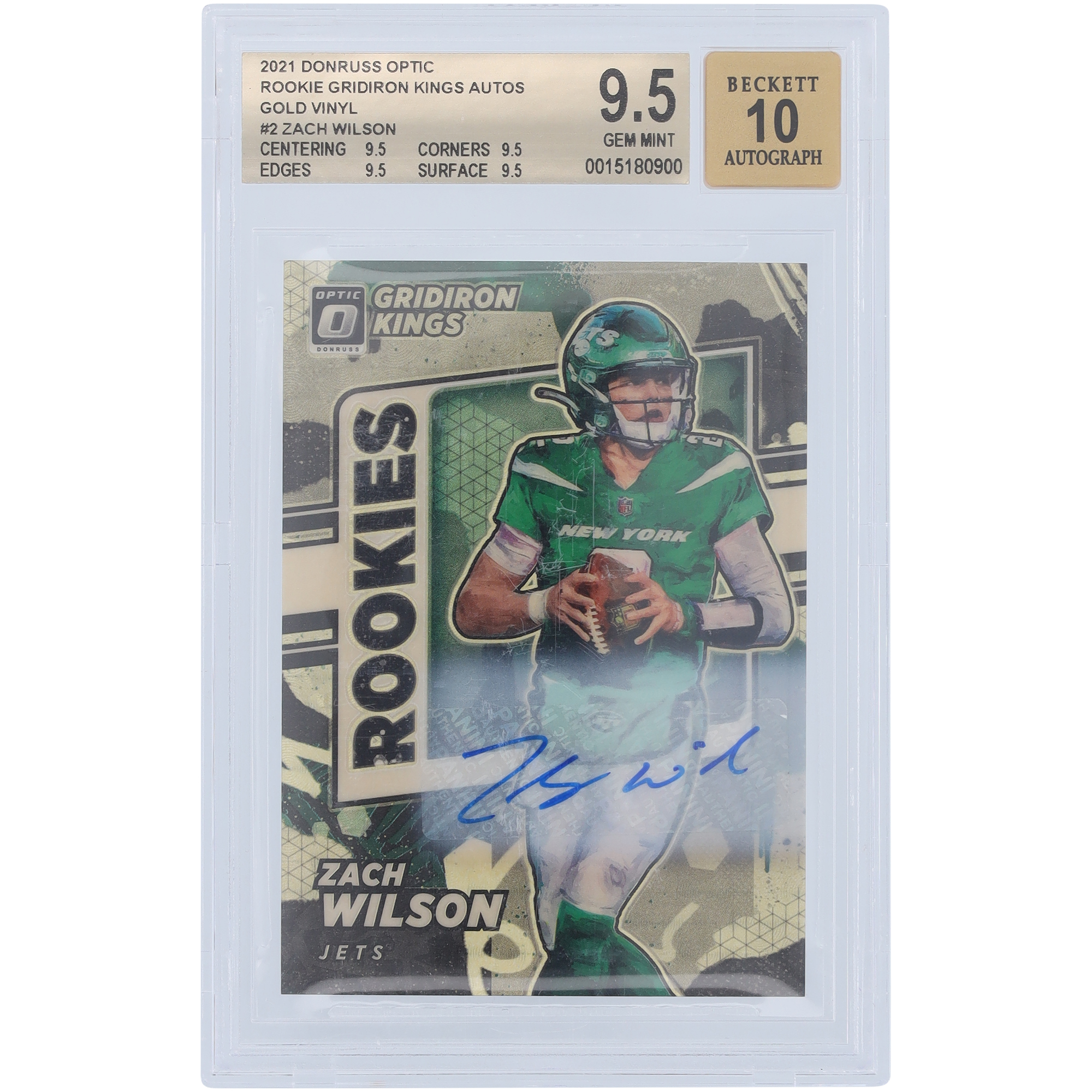 Zach Wilson New York Jets signierte 2021 Panini Donruss Optic Gold Vinyl Prizm #RGK-2 #1/1 BGS authentifizierte 9,5/10 Rookie-Karte – 9,5,9,5,9,5,9,5 Untergrades