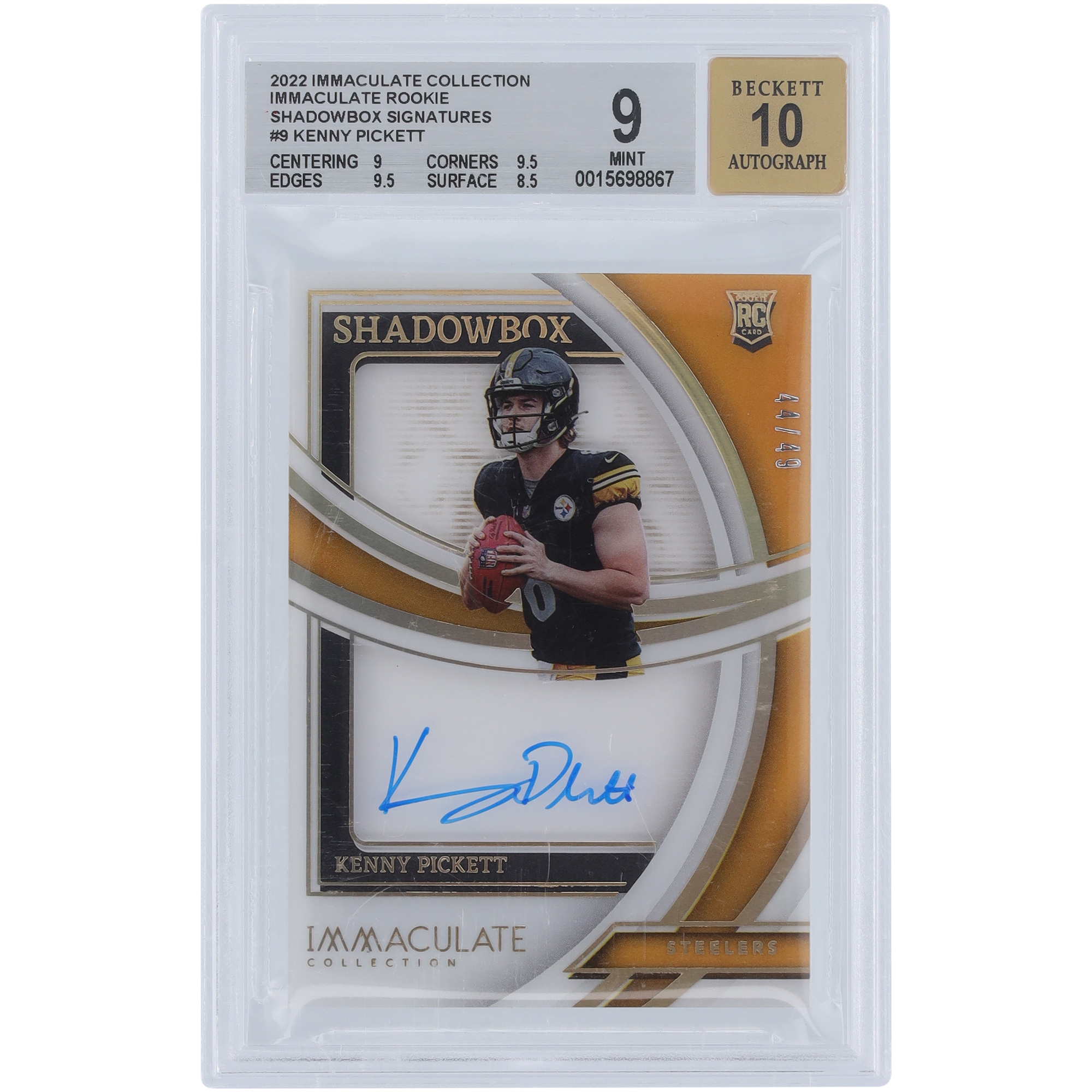 Kenny Pickett Pittsburgh Steelers signierte 2022 Panini Immaculate Collection Shadowbox #RSH-KPI #44/49 BGS authentifizierte 9/10 Rookie-Karte – 9,9,5,9,5,8,5 Untergrade