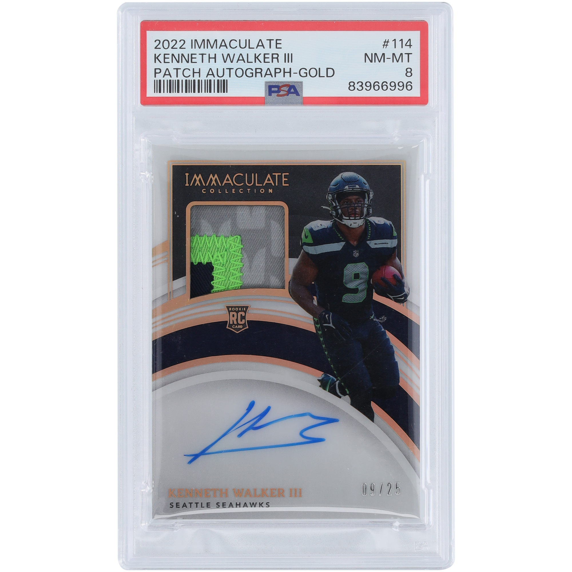 Kenneth Walker III Seattle Seahawks signiert 2022 Panini Immaculate Collection Trikotnummer Tri-Color Relic #114 #9/25 PSA authentifizierte 8 Rookie-Karte