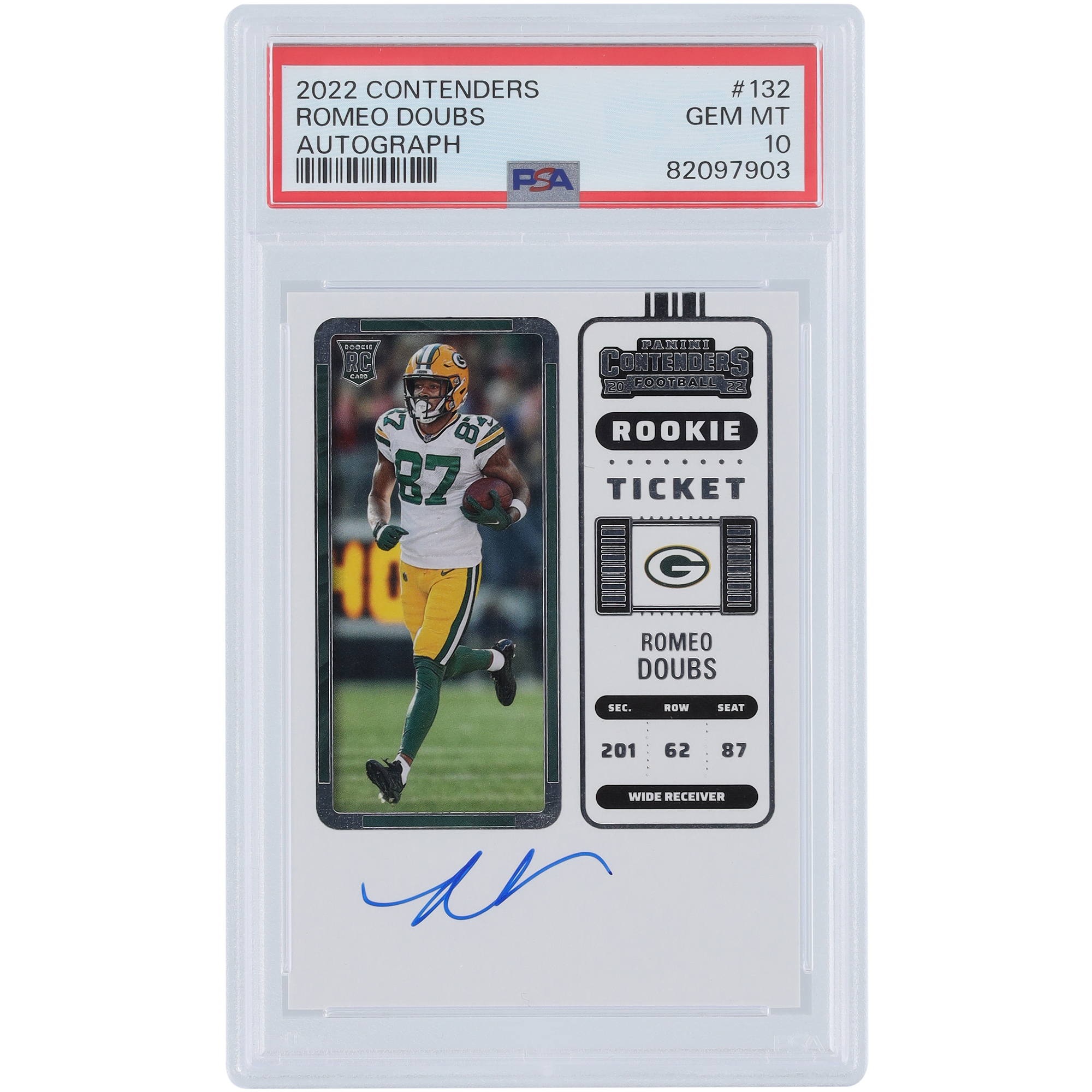 Romeo Doubs Green Bay Packers signiertes 2022 Panini Contenders Rookie Ticket #132 PSA authentifizierte 10 Rookie-Karte