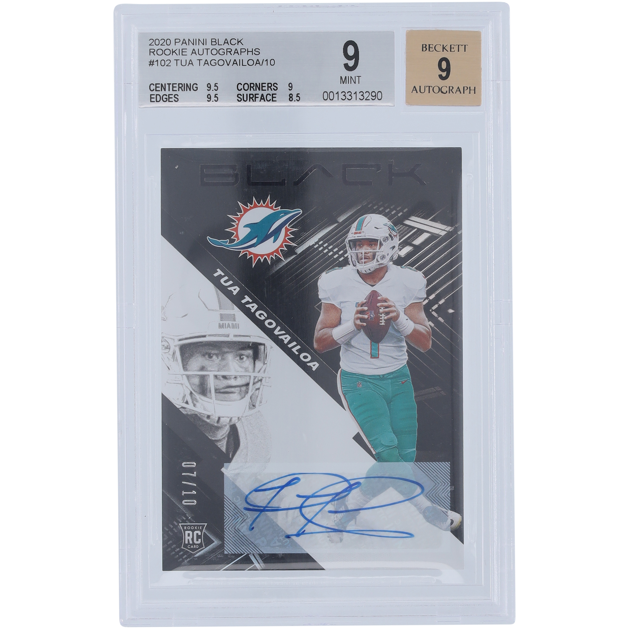 Tua Tagovailoa Miami Dolphins signiert 2020 Panini Schwarz #102 #7/10 BGS authentifizierte 9/9 Rookie-Karte – 9,5,9,9,5,8,5 Unterklassen