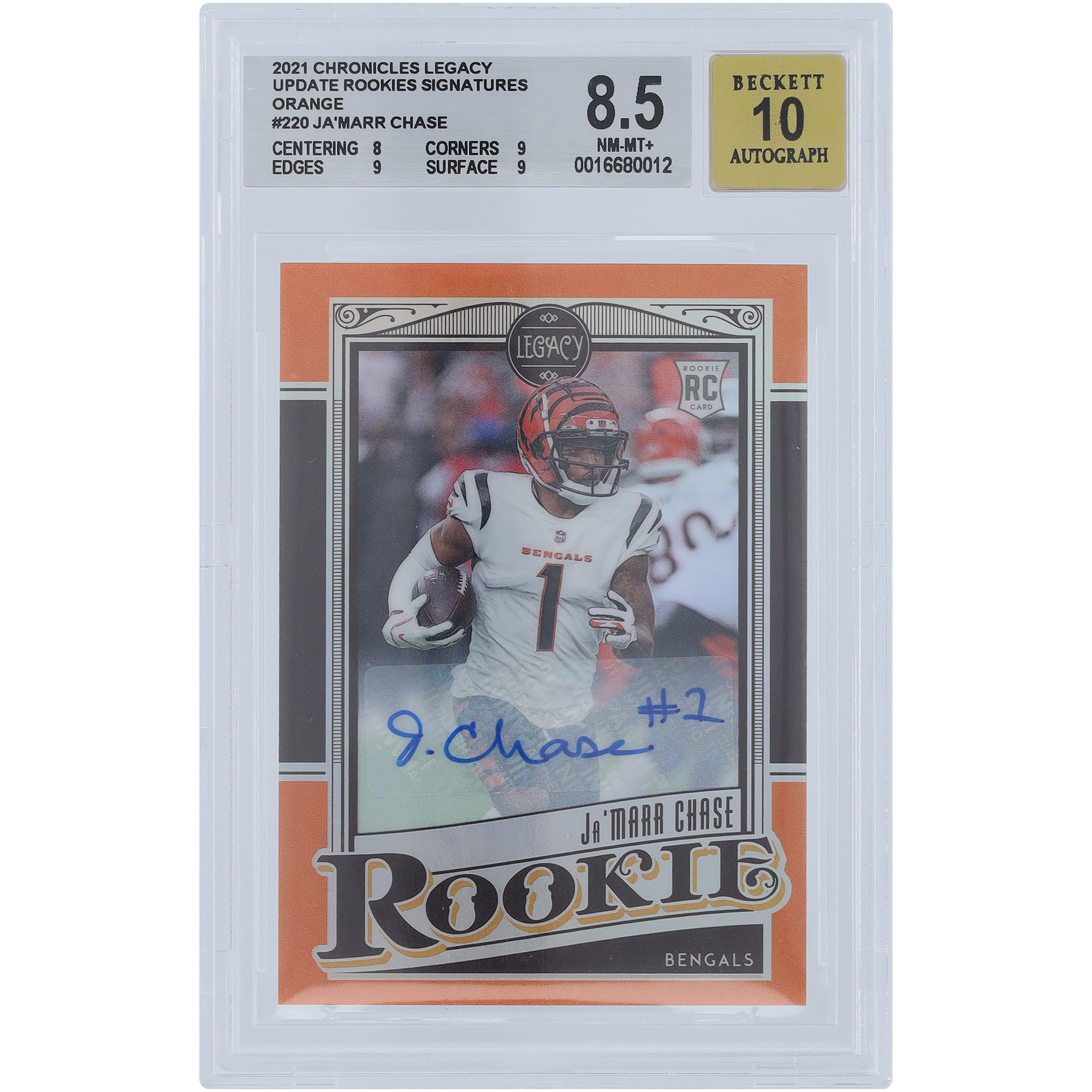 Ja’Marr Chase Cincinnati Bengals signierte 2021 Panini Chronicles Legacy Orange #220 #12/35 BGS authentifizierte 8,5 Rookie-Karte – 8,9,9,9 Unterklassen