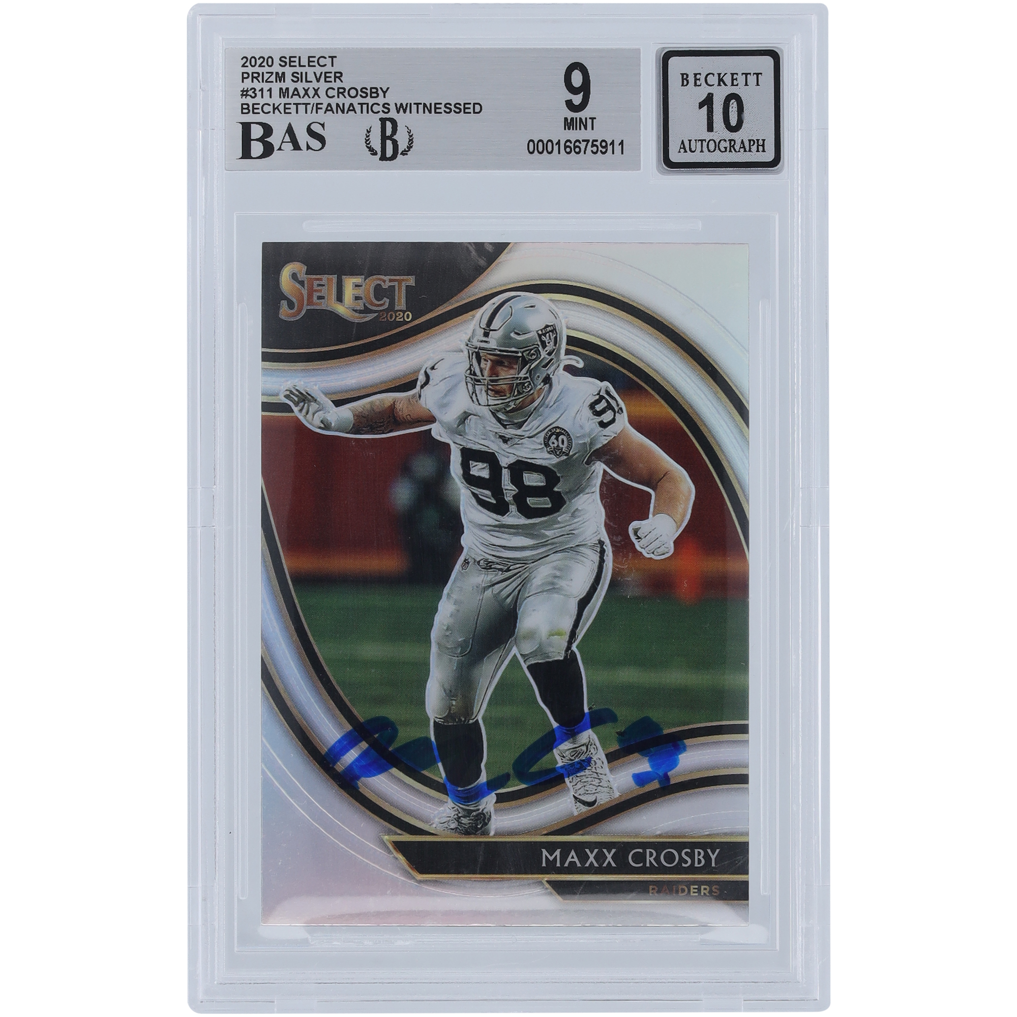 Maxx Crosby Las Vegas Raiders signierte 2020 Panini Select Silver Prizm #311 Beckett Fanatics bezeugte authentifizierte 9/10-Karte