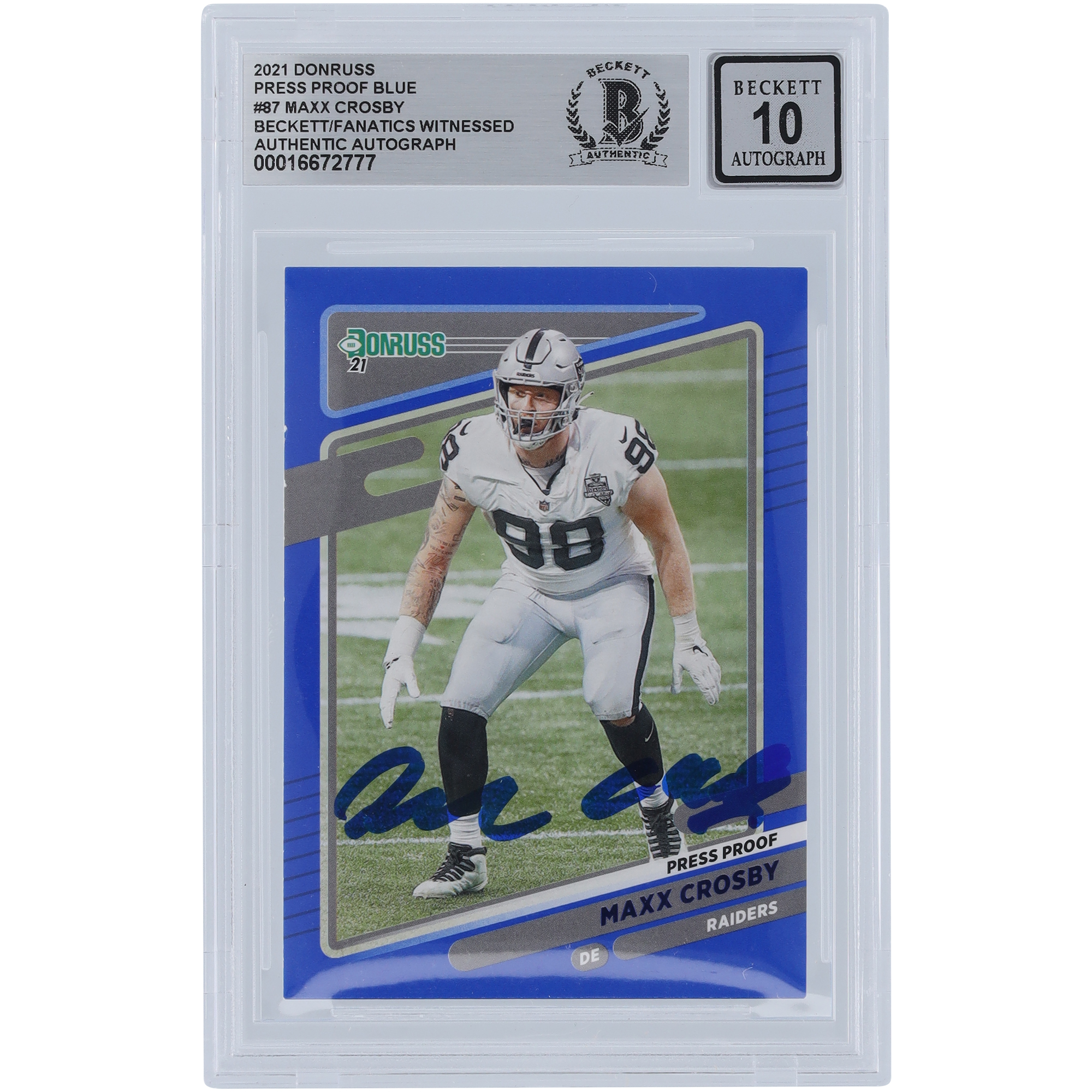 Maxx Crosby Las Vegas Raiders Autogrammkarte 2021 Panini Donruss Press Proof Blau #87 Beckett Fanatics Zeuge Authentizität 10 Karte