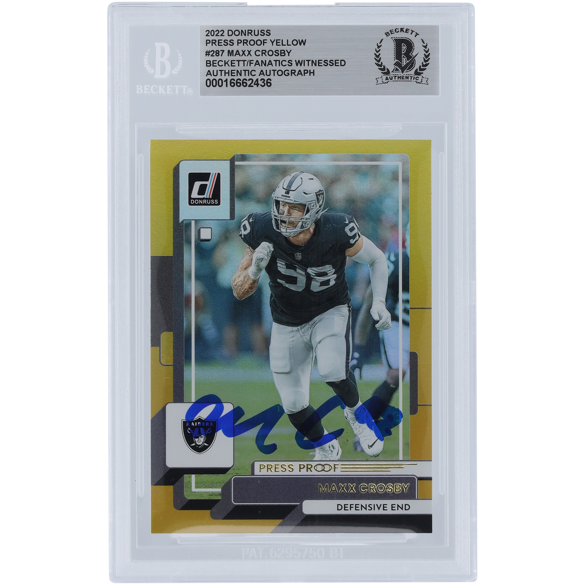 Maxx Crosby Las Vegas Raiders Autogrammkarte 2022 Panini Donruss Press Proof Gelb #287 Beckett Fanatics Beglaubigte Authentizitätskarte