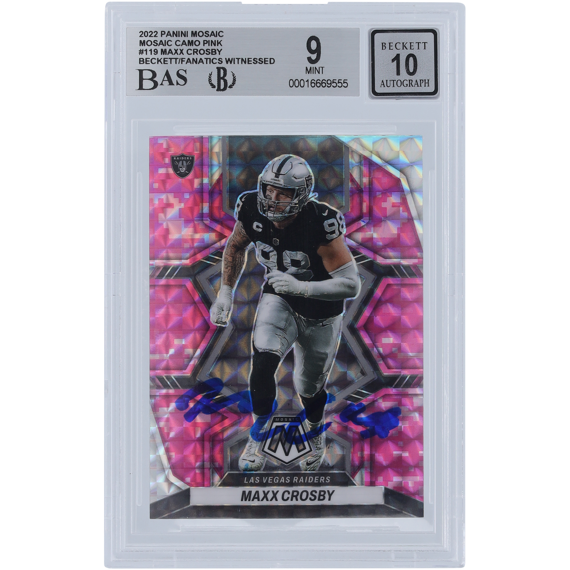 Maxx Crosby Las Vegas Raiders signierte 2022 Panini Mosaic Camo Pink Mosaic #119 Beckett Fanatics bezeugte authentifizierte 9/10 Karte