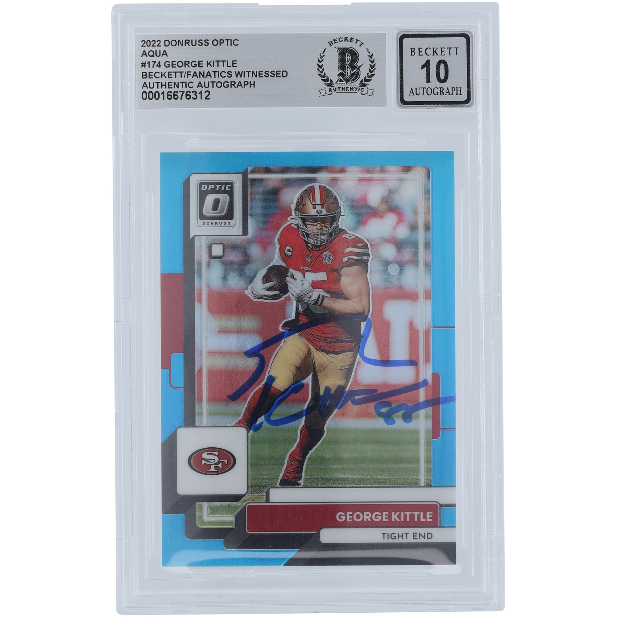 George Kittle San Francisco 49ers signiert 2022 Panini Donruss Optic Aqua #174 #/299 Beckett Fanatics bezeugt authentifiziert 10 Karte