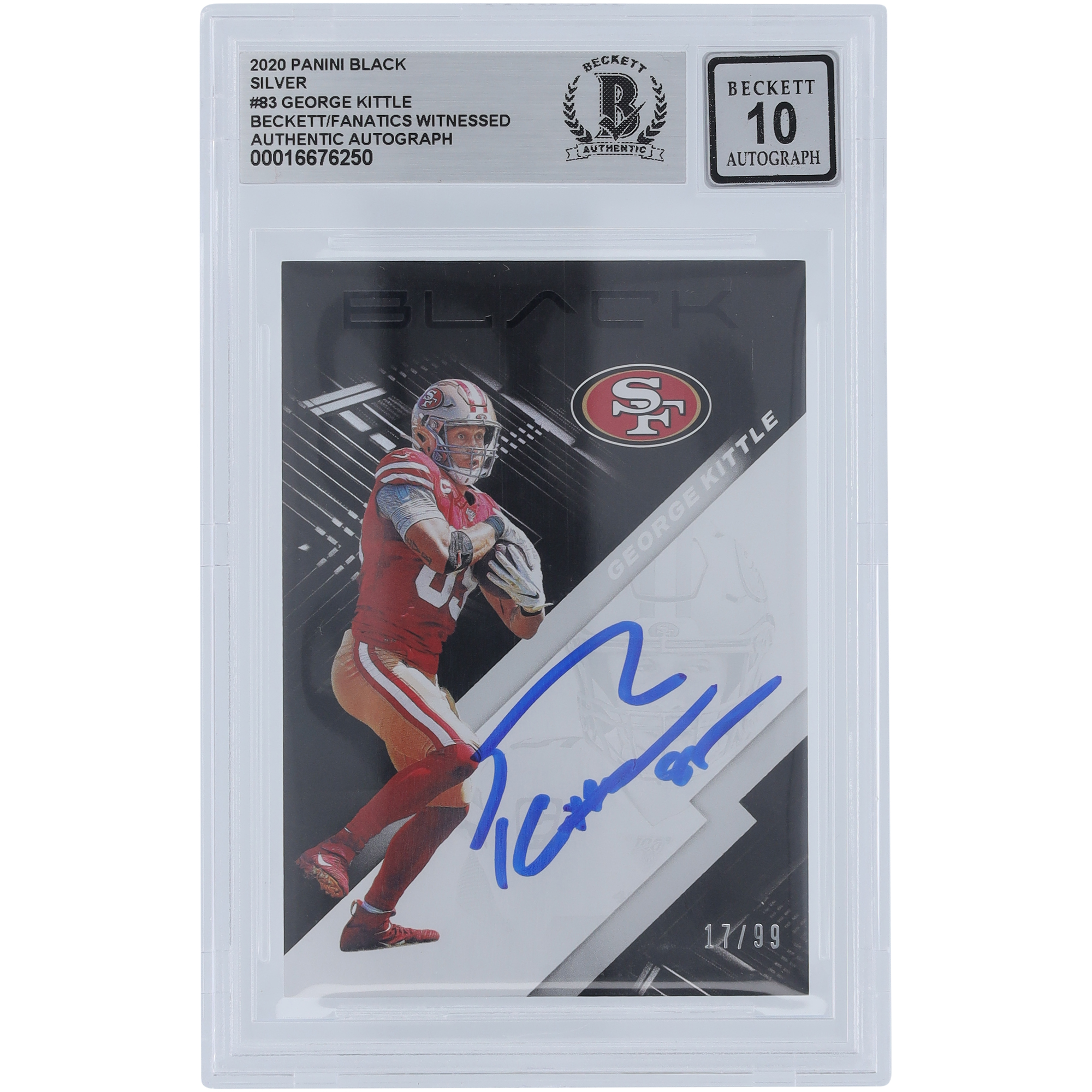 George Kittle San Francisco 49ers signiert 2020 Panini Schwarz Silber #83 #/99 Beckett Fanatics bezeugt authentifiziert 10 Karte