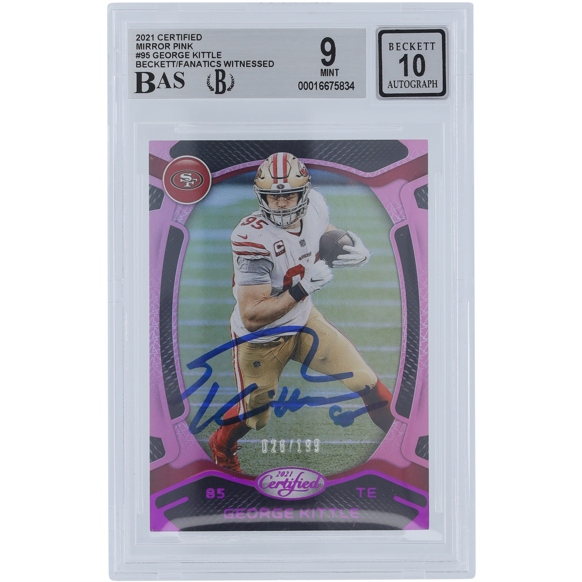 George Kittle San Francisco 49ers signiert 2021 Panini zertifiziert Mirror Pink #95 #/199 Beckett Fanatics bezeugt authentifiziert 9/10 Karte